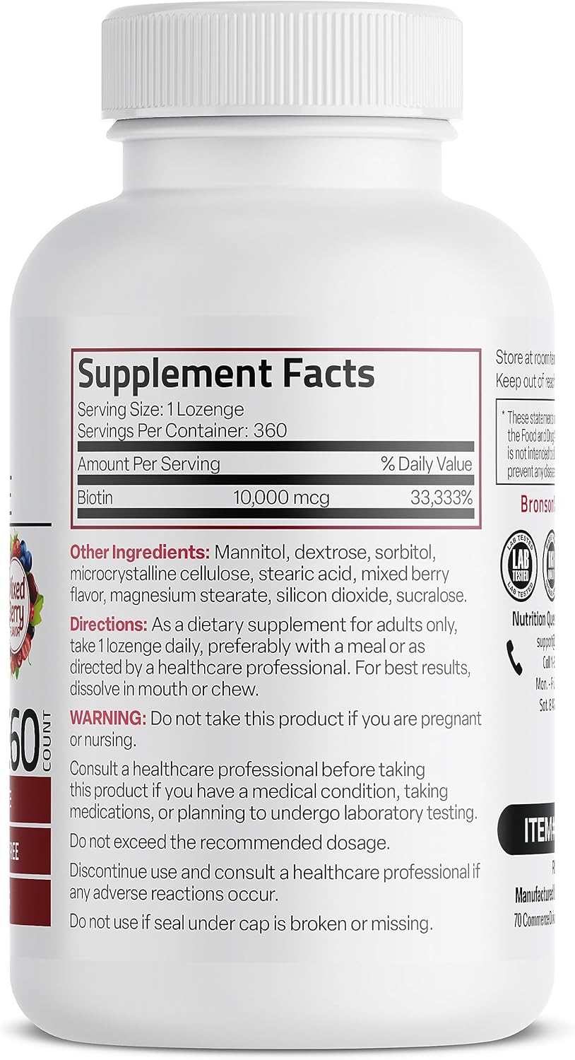 High Potency Bronson Biotin 10,000 MCG Lozenges - Fast Dissolve Mixed Berry Flavor - Supports Hair, Skin & Nails - Non-GMO - 360 Vegetarian Lozenges