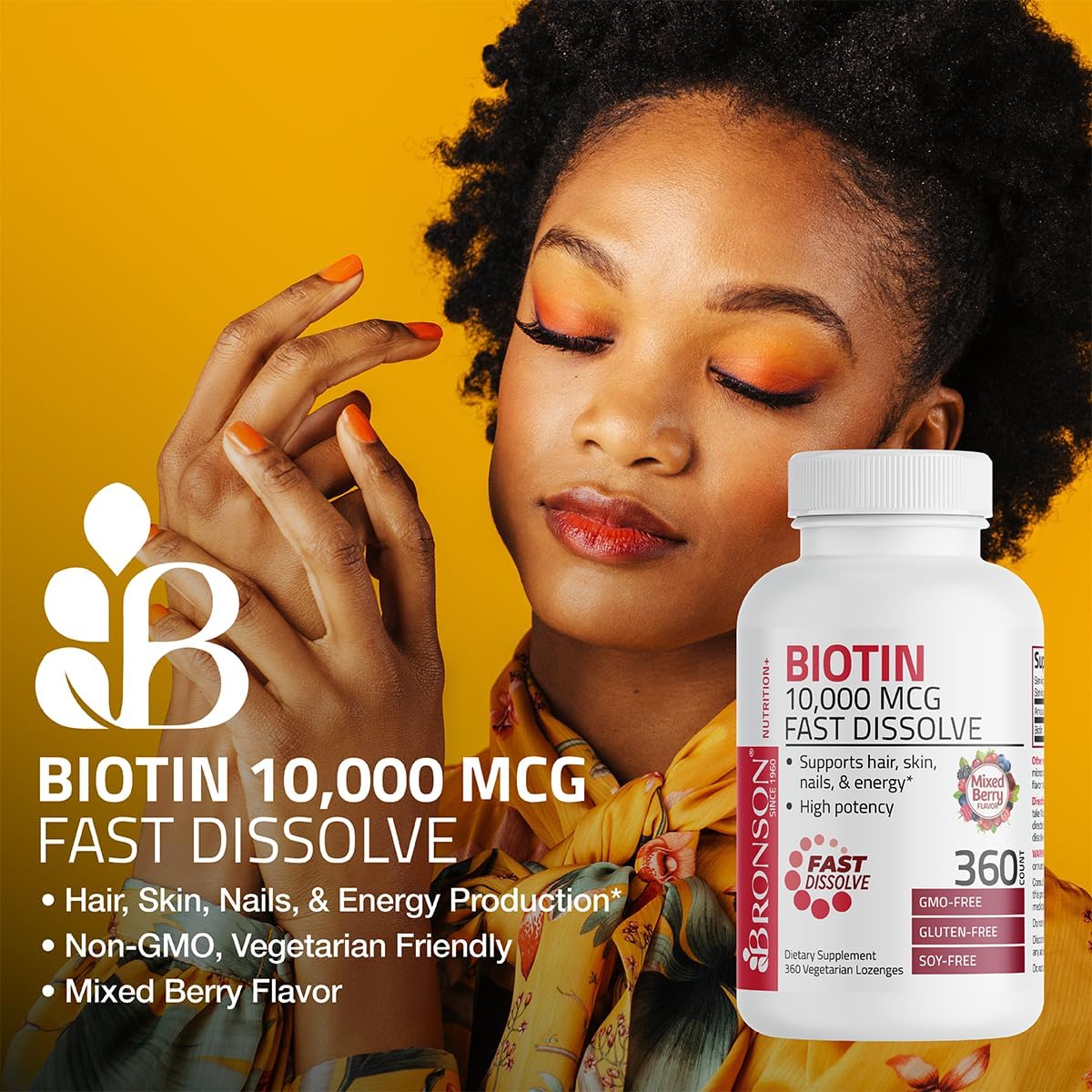 High Potency Bronson Biotin 10,000 MCG Lozenges - Fast Dissolve Mixed Berry Flavor - Supports Hair, Skin & Nails - Non-GMO - 360 Vegetarian Lozenges