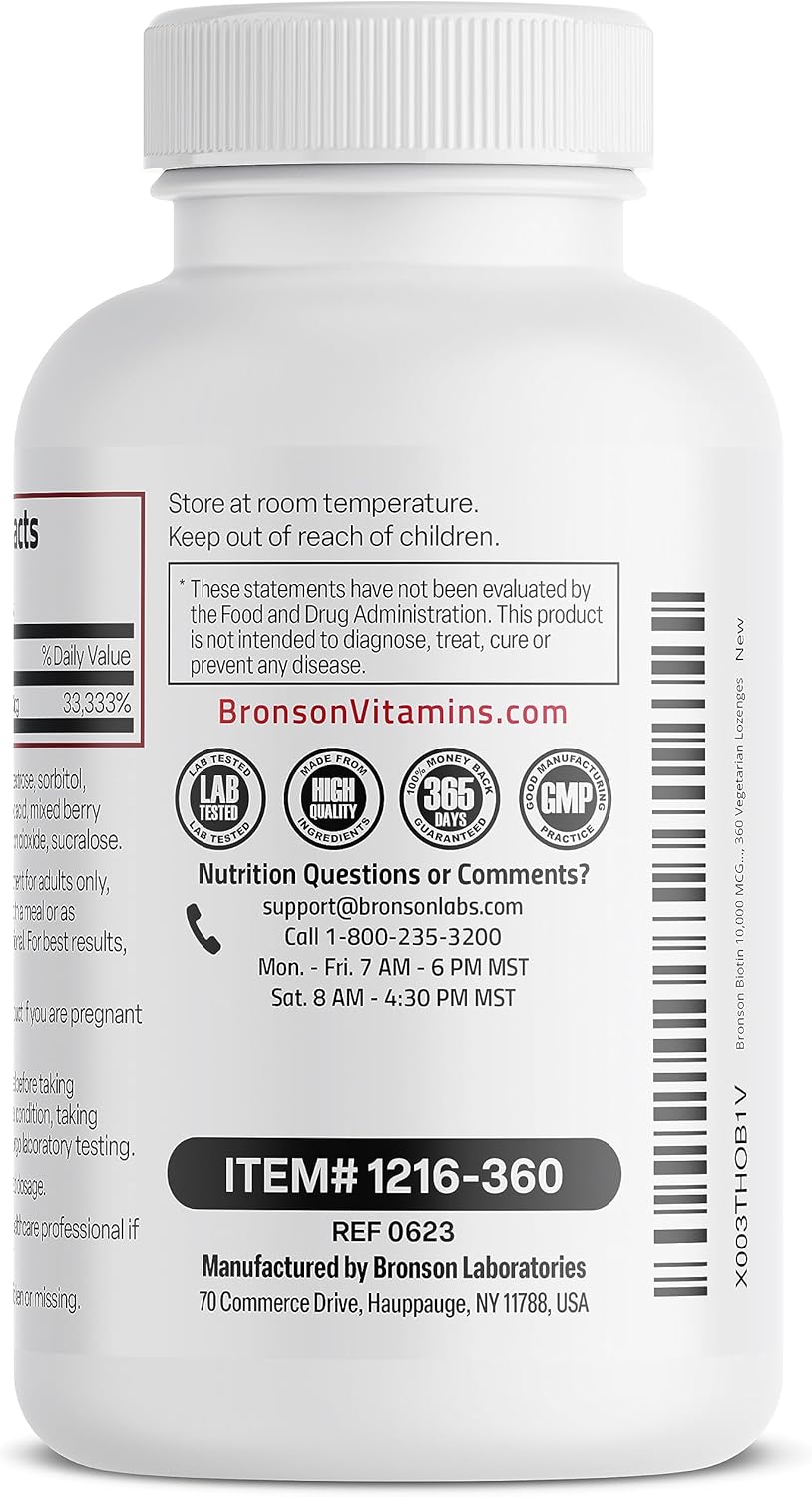 High Potency Bronson Biotin 10,000 MCG Lozenges - Fast Dissolve Mixed Berry Flavor - Supports Hair, Skin & Nails - Non-GMO - 360 Vegetarian Lozenges
