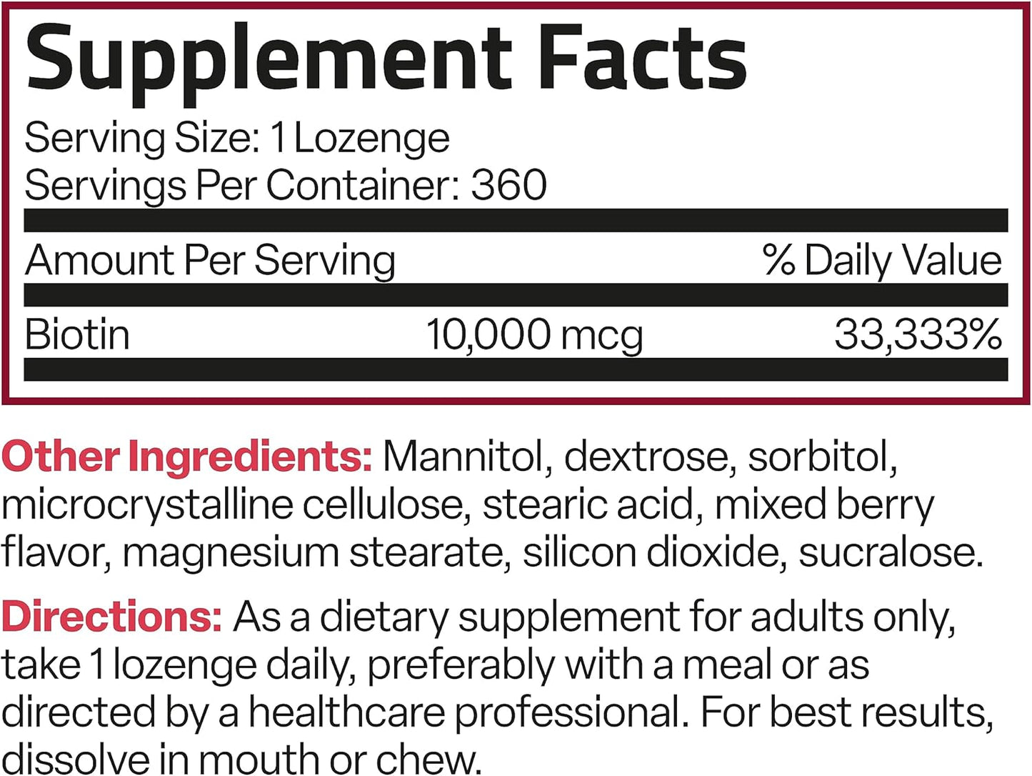 High Potency Bronson Biotin 10,000 MCG Lozenges - Fast Dissolve Mixed Berry Flavor - Supports Hair, Skin & Nails - Non-GMO - 360 Vegetarian Lozenges