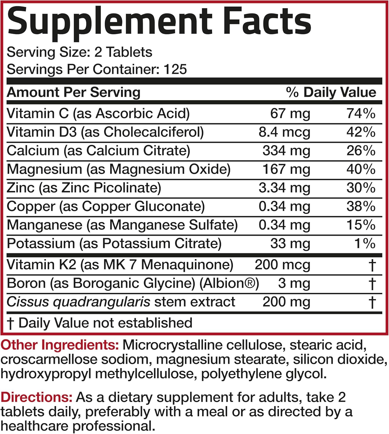 High Potency Bronson Bone Health & Strength Complex - 200 MCG Vitamin K2 as MK7, Calcium, Boron, Cissus Quadrangularis, Magnesium, Vitamin D3 - Non-GMO - 250 Tablets