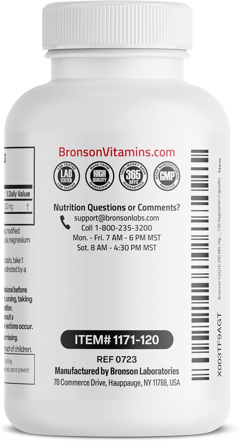 High Potency Bronson CoQ10 200 MG Supplement for Cellular Energy Production - 120 Vegetarian Capsules