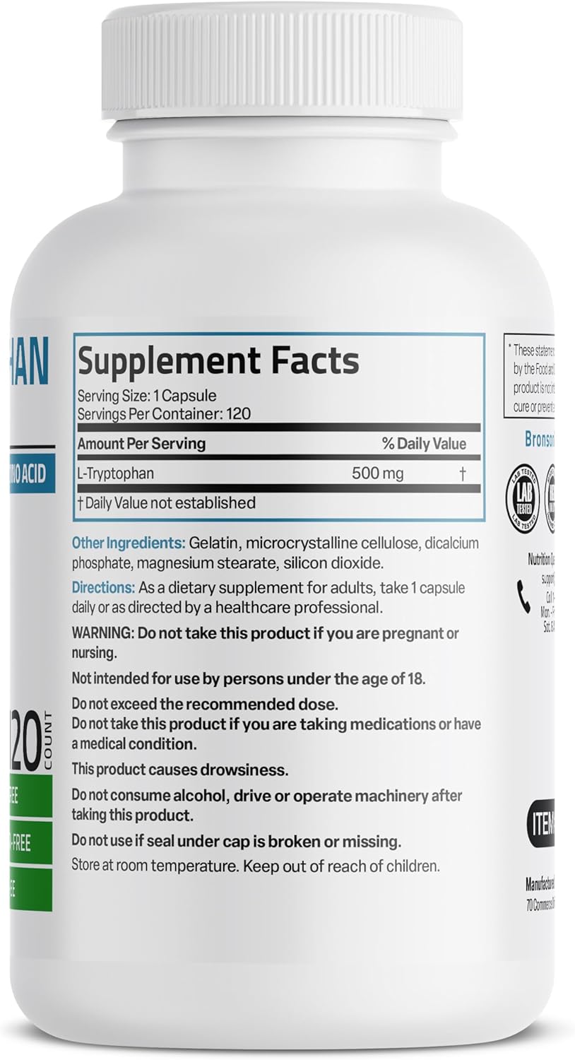 High Potency Bronson L-Tryptophan 500 MG Capsules for Relaxation & Positive Mood Support - Non-GMO, 120 Count