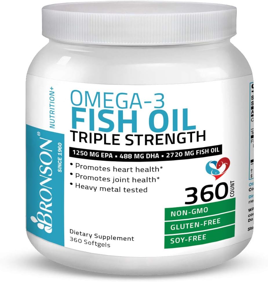 High Potency Bronson Omega 3 Fish Oil Supplement - Triple Strength, Non-GMO, Heavy Metal Tested, 360 Softgels
