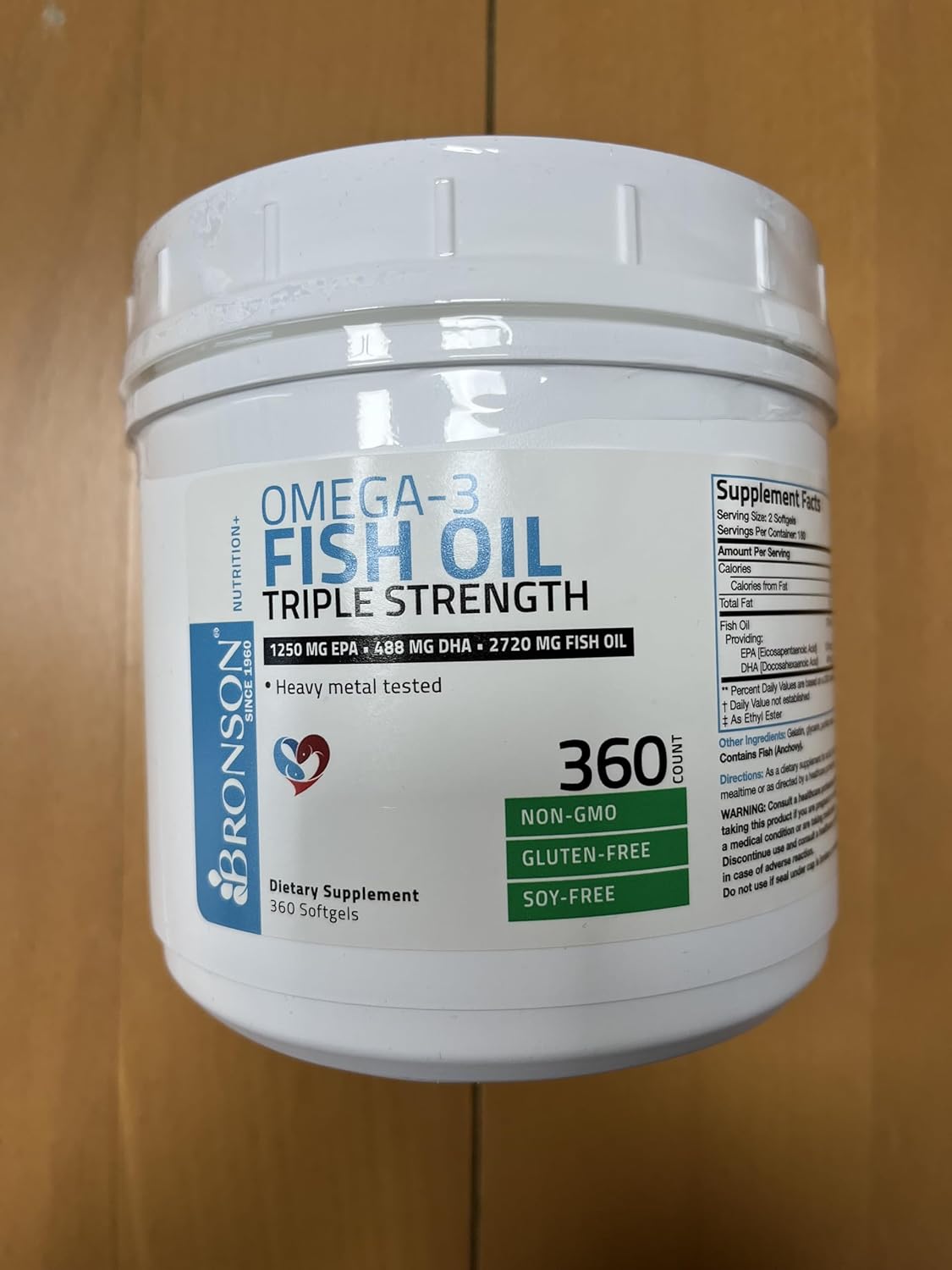 High Potency Bronson Omega 3 Fish Oil Supplement - Triple Strength, Non-GMO, Heavy Metal Tested, 360 Softgels