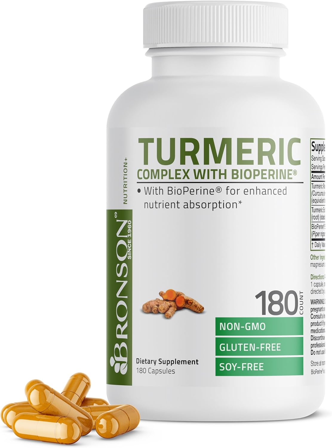 High Potency Bronson Turmeric Curcumin Capsules with BioPerine for Joint Support - 95% Standardized Curcuminoids - Non-GMO - 180 Count