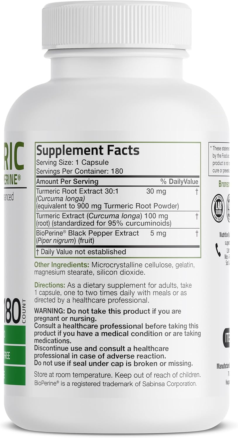 High Potency Bronson Turmeric Curcumin Capsules with BioPerine for Joint Support - 95% Standardized Curcuminoids - Non-GMO - 180 Count