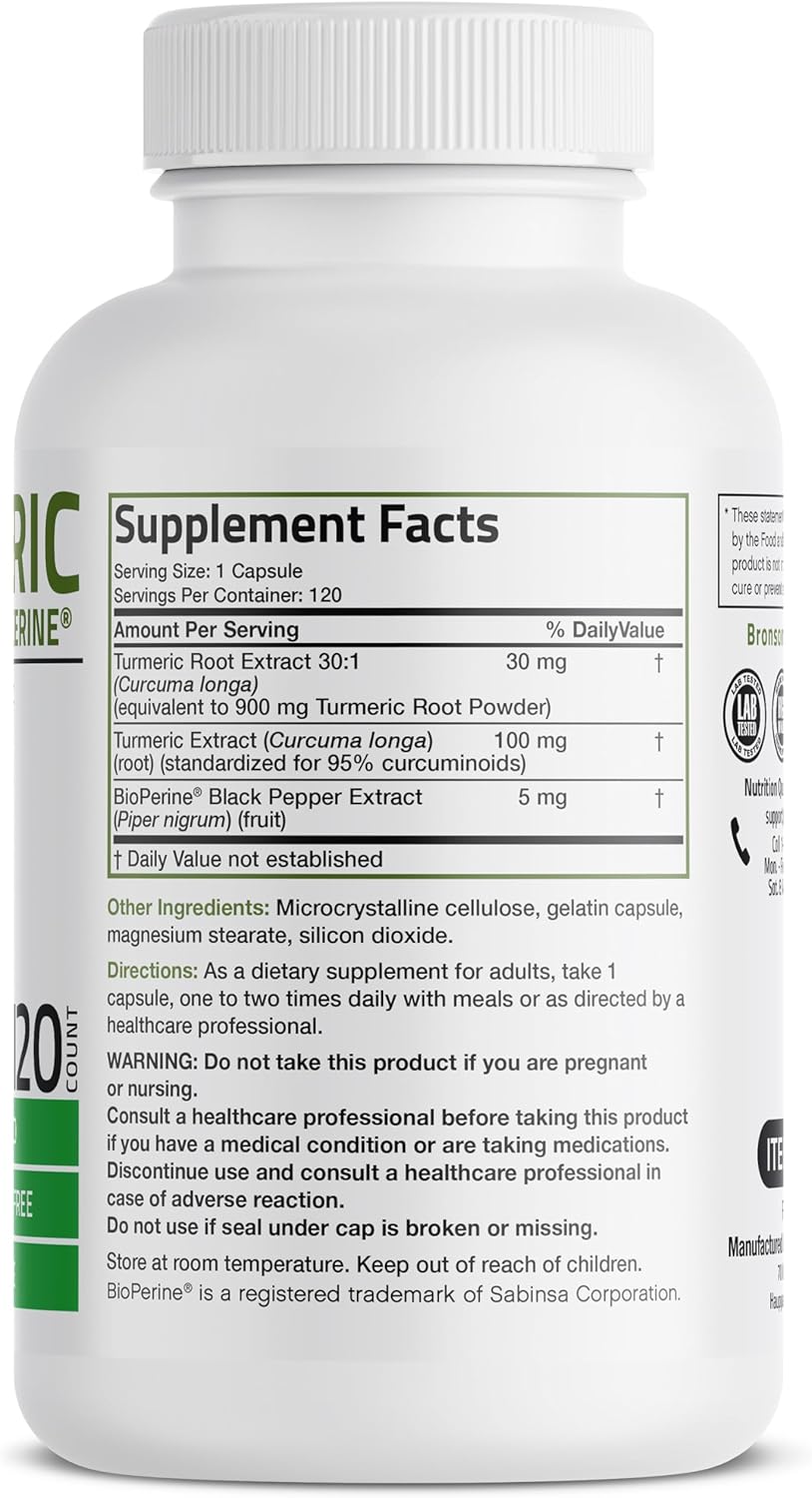 High Potency Bronson Turmeric Curcumin Capsules with BioPerine for Premium Joint Support - 120 Count