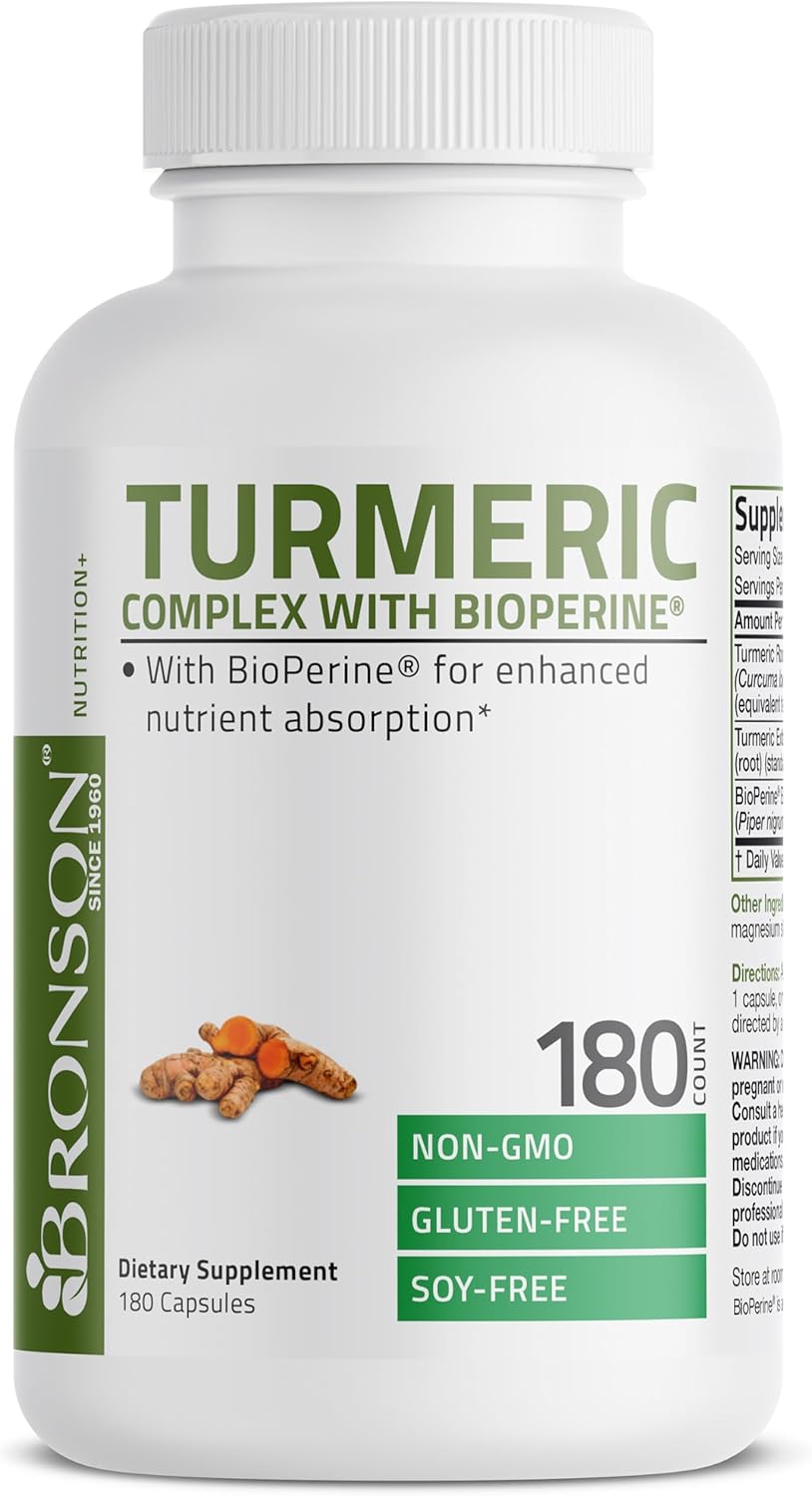 High Potency Bronson Turmeric Curcumin Capsules with BioPerine for Joint Support - 95% Standardized Curcuminoids - Non-GMO - 180 Count
