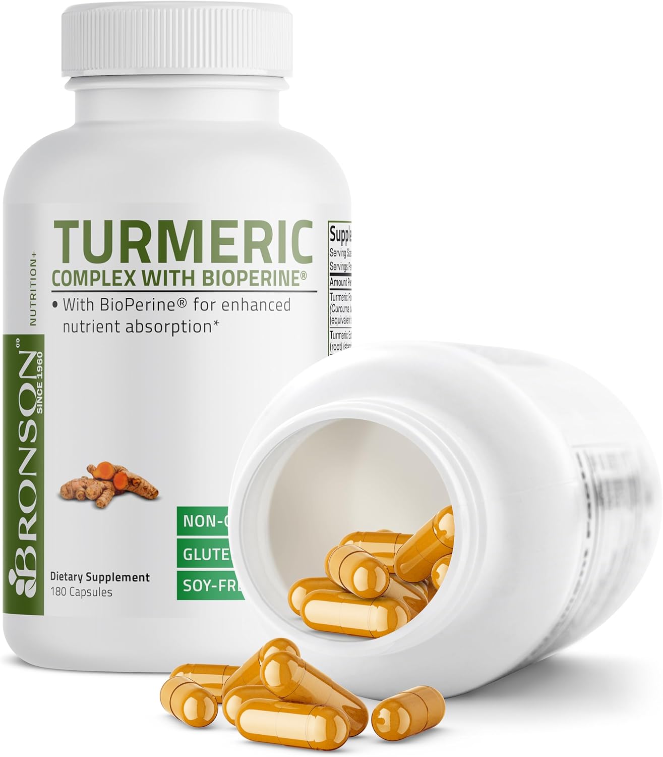 High Potency Bronson Turmeric Curcumin Capsules with BioPerine for Joint Support - 95% Standardized Curcuminoids - Non-GMO - 180 Count