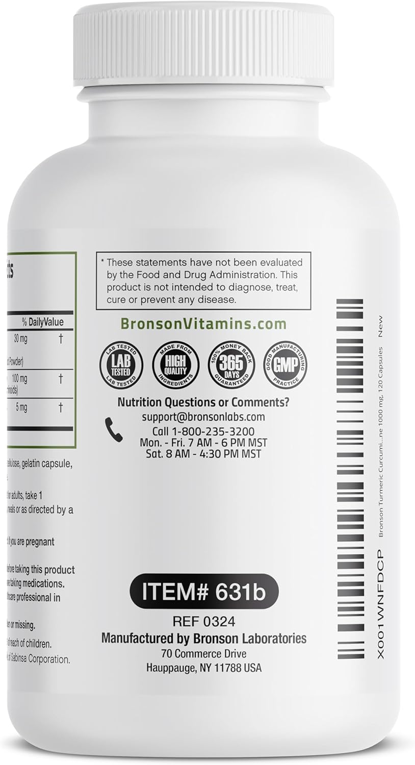 High Potency Bronson Turmeric Curcumin Capsules with BioPerine for Premium Joint Support - 120 Count