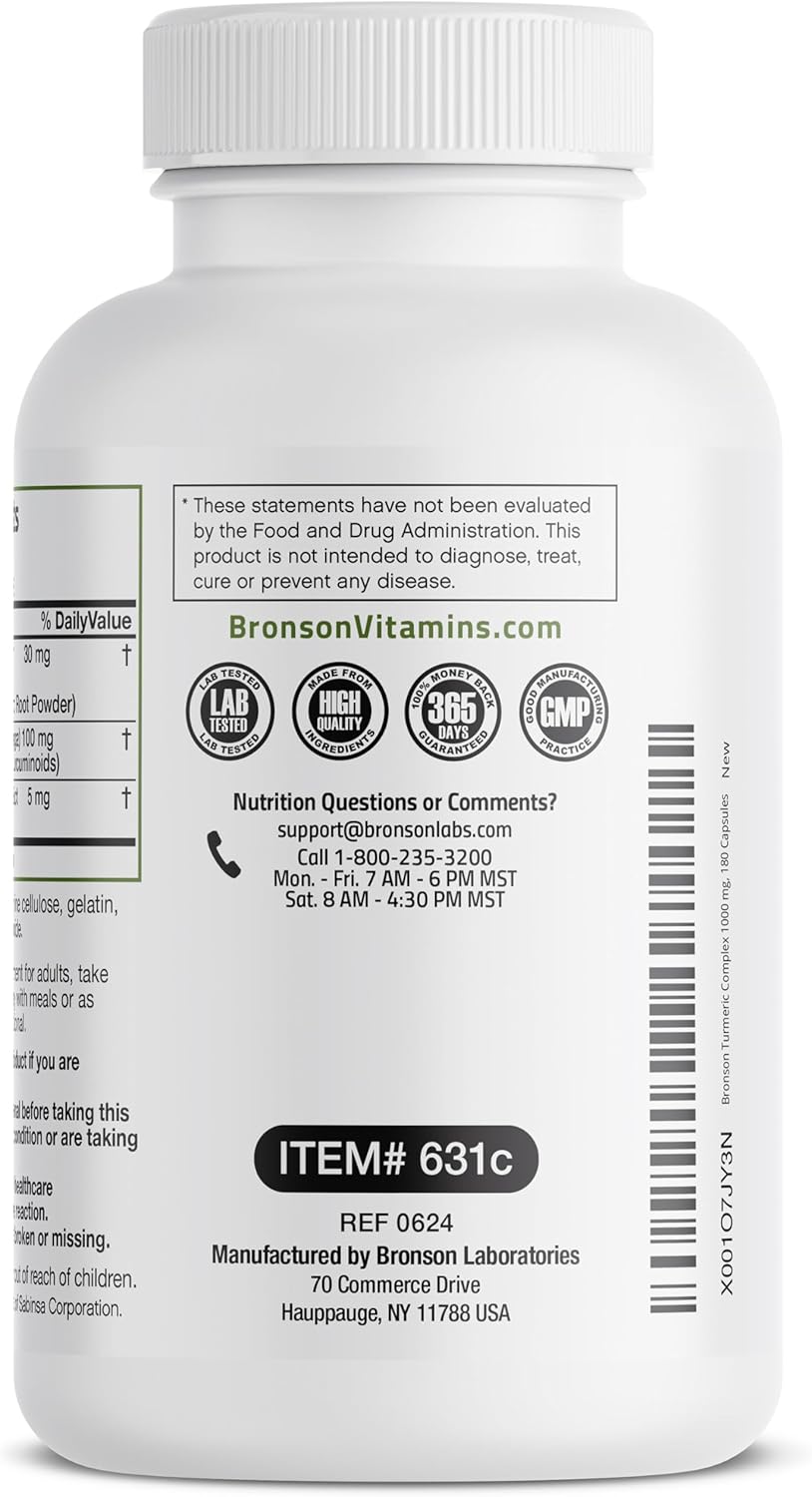 High Potency Bronson Turmeric Curcumin Capsules with BioPerine for Joint Support - 95% Standardized Curcuminoids - Non-GMO - 180 Count
