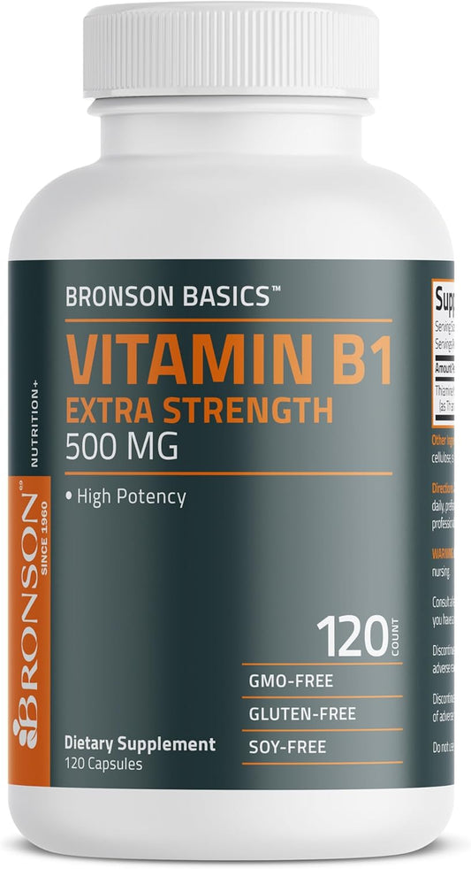 High Potency Bronson Vitamin B1 500 MG Extra Strength Non-GMO Capsules - 120 Count