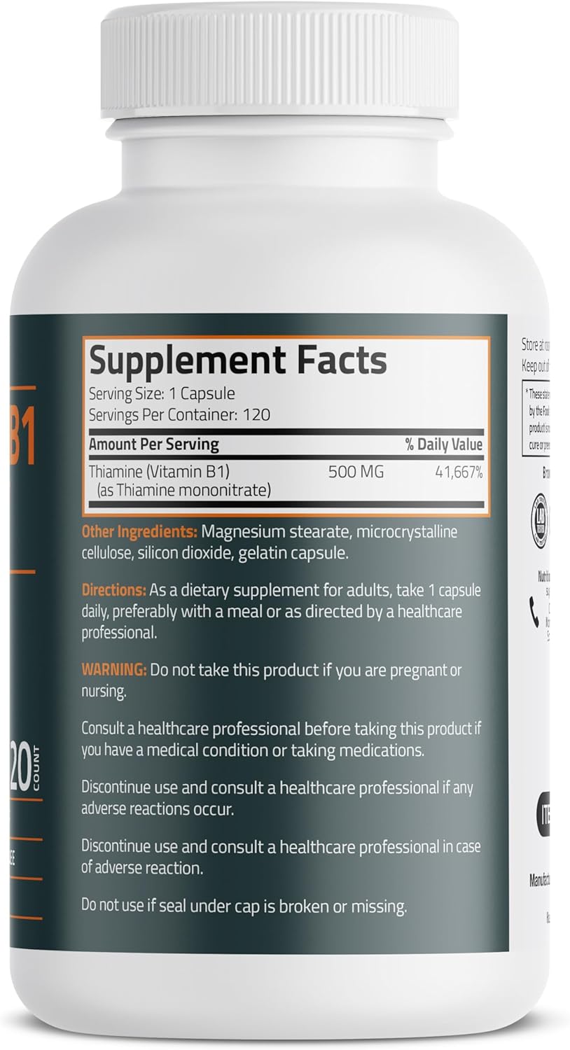 High Potency Bronson Vitamin B1 500 MG Extra Strength Non-GMO Capsules - 120 Count