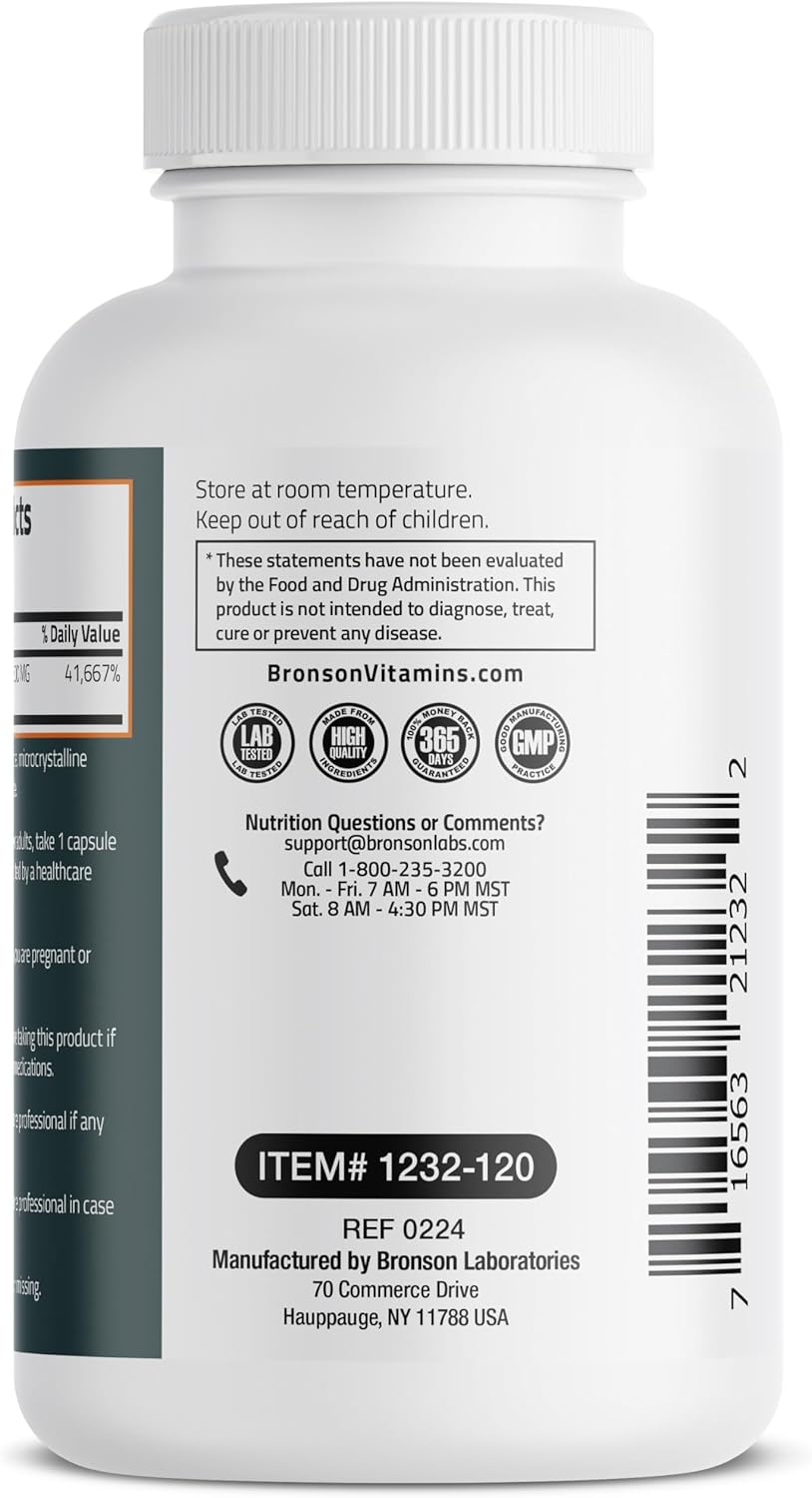 High Potency Bronson Vitamin B1 500 MG Extra Strength Non-GMO Capsules - 120 Count