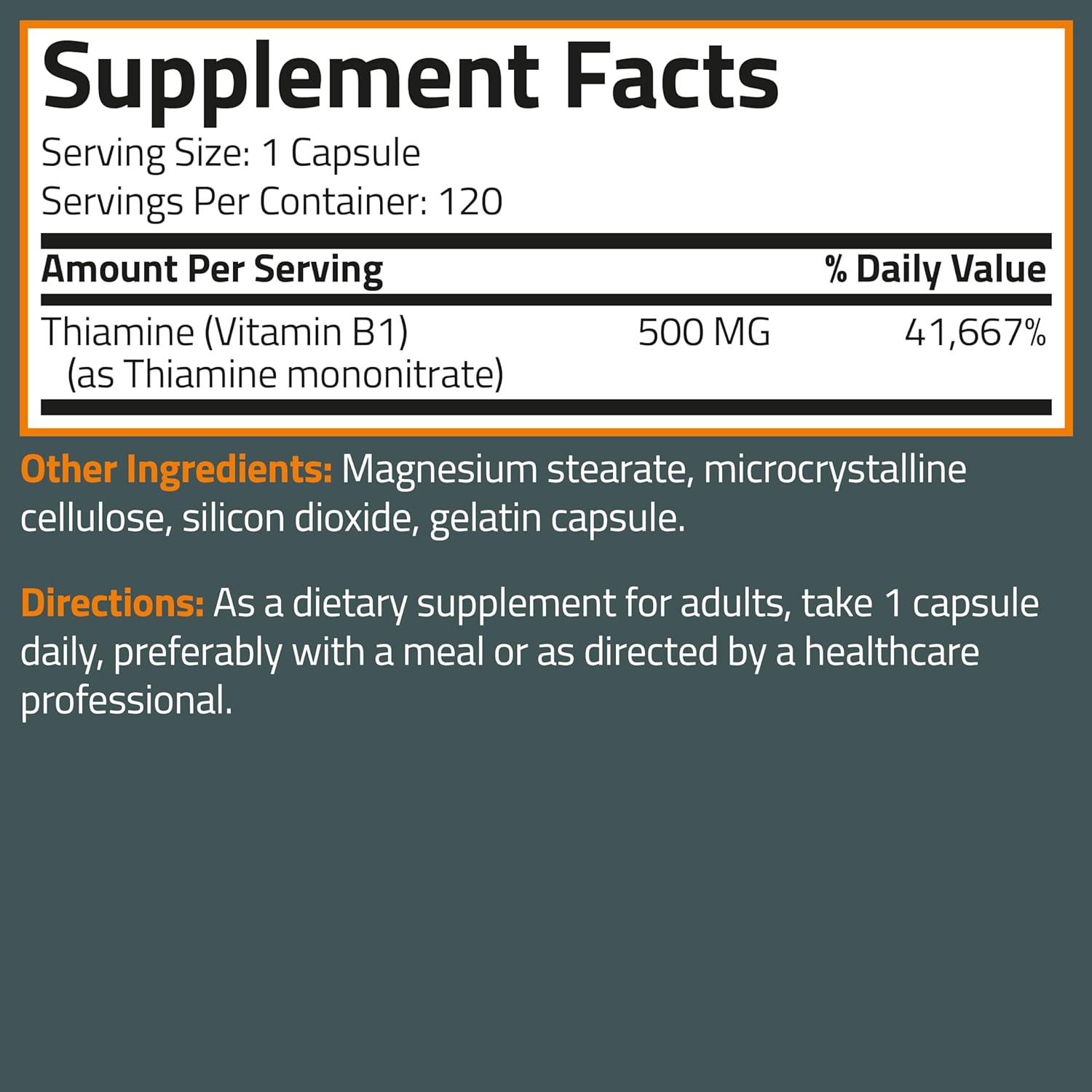 High Potency Bronson Vitamin B1 500 MG Extra Strength Non-GMO Capsules - 120 Count