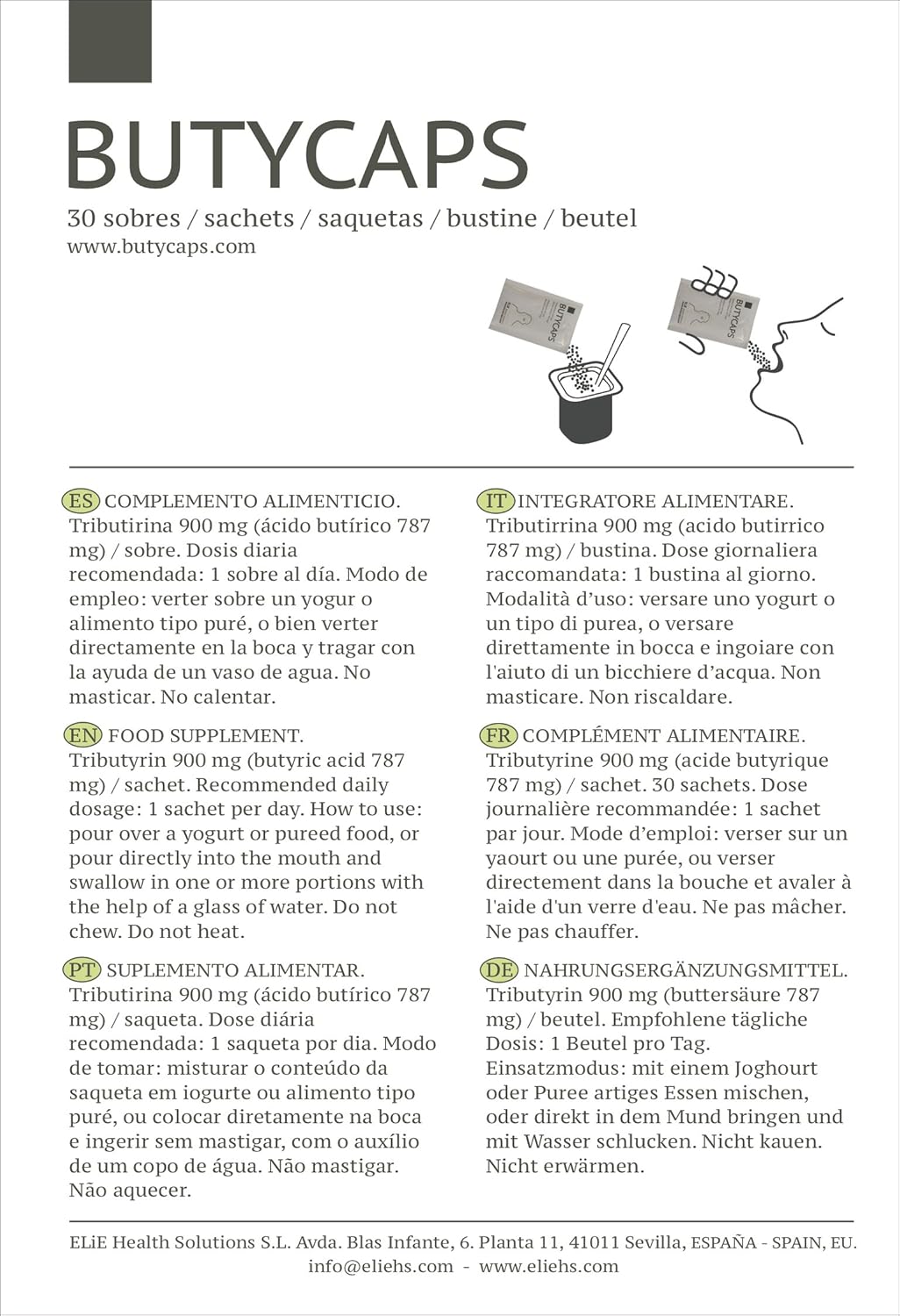 High-Potency Butycaps Tributyrin with 787 mg Butyric Acid per Sachet - 30 Sachets