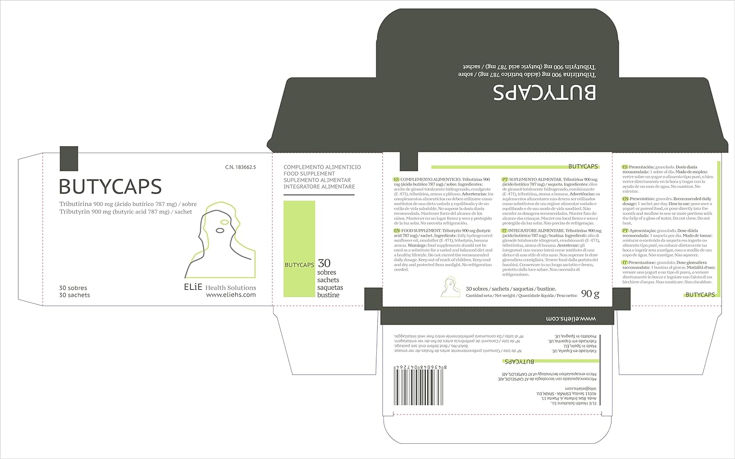 High-Potency Butycaps Tributyrin with 787 mg Butyric Acid per Sachet - 30 Sachets