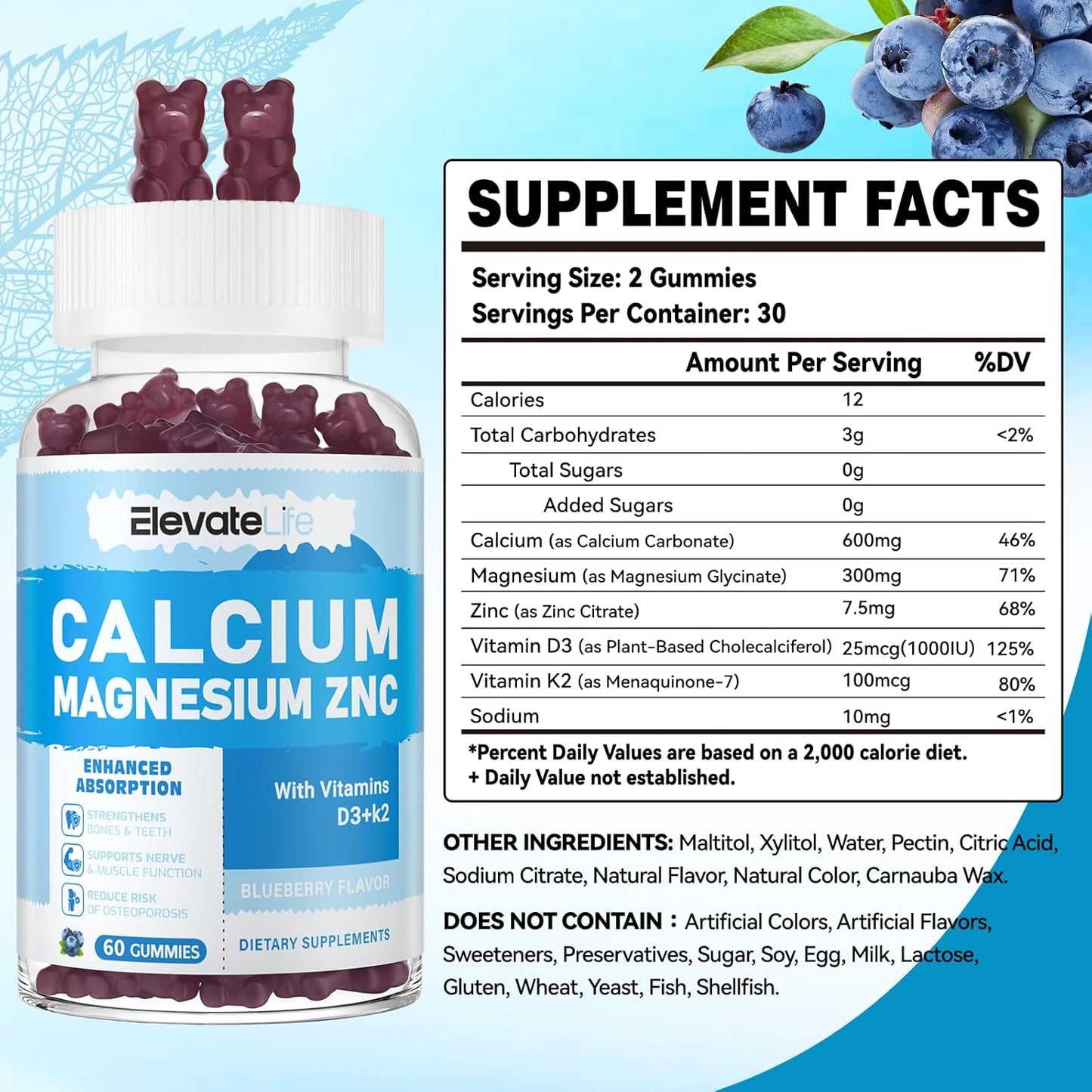 High Potency Calcium Magnesium Zinc Gummies with Vitamin D3 & K2 for Enhanced Absorption - Blueberry Flavored - 60 Gummies