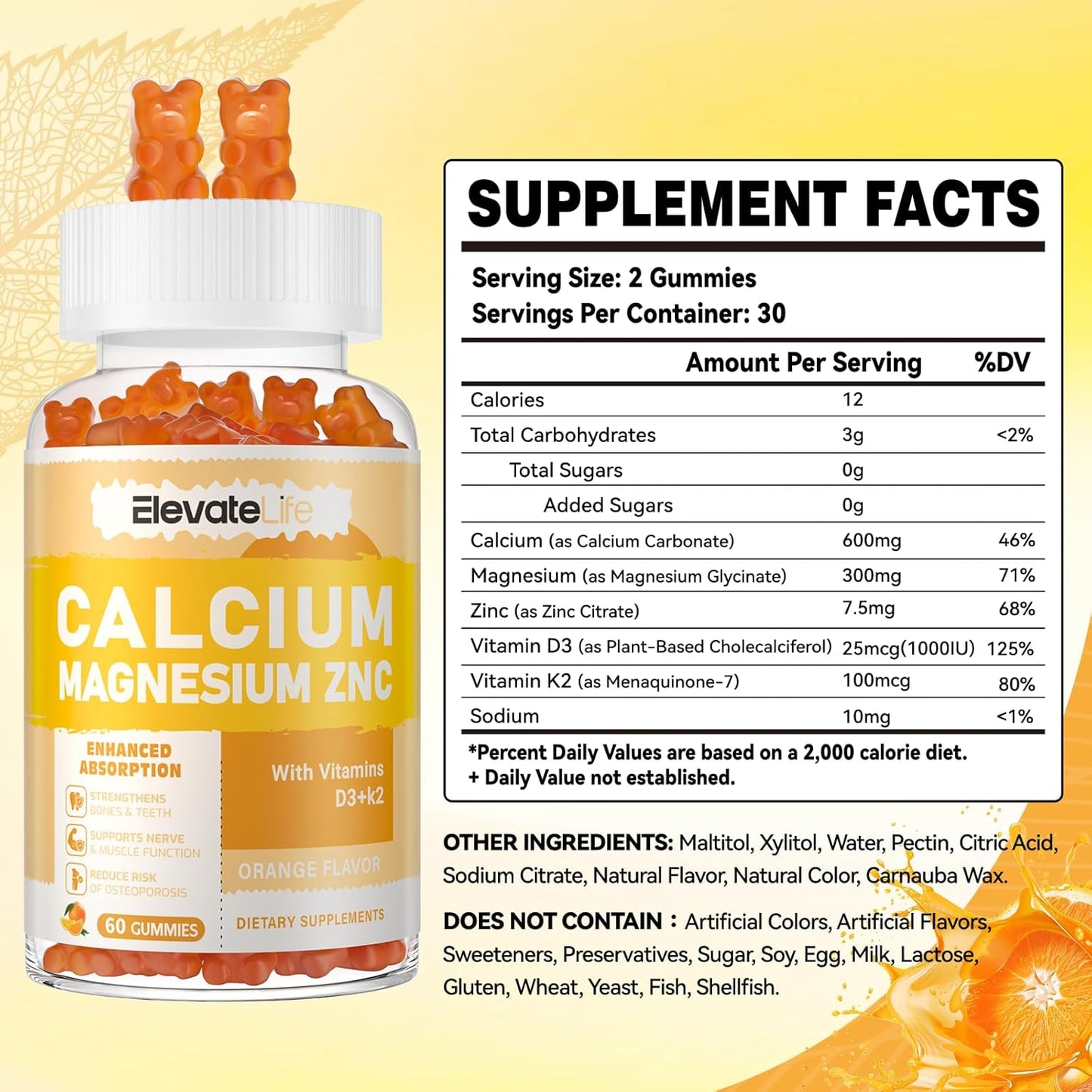 High Potency Calcium Magnesium Zinc Gummies with Vitamin D3 & K2 for Enhanced Absorption - 60 Orange Flavored Gummies for Elevating Life