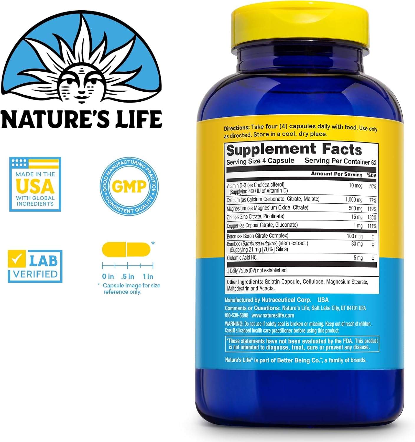 High Potency Calcium Magnesium Zinc Supplement with Vitamin D and Boron - Supports Bone, Muscle, and Heart Health - 250 Capsules, 62 Servings - Nature's Life
