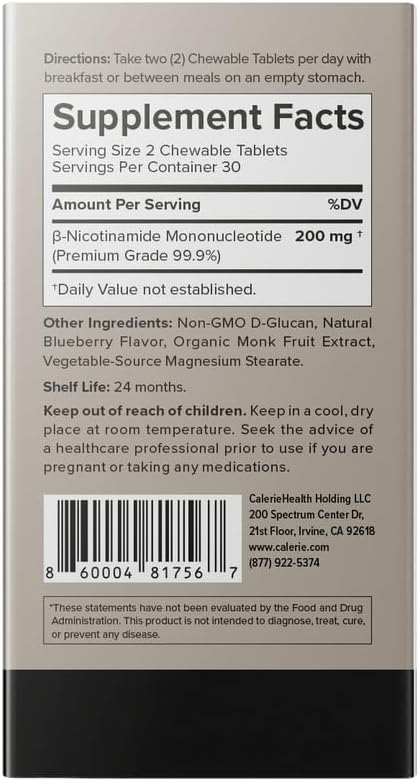 High Potency Caleriehealth β-NMN Supplement - 6,000 mg - 30 Tablets