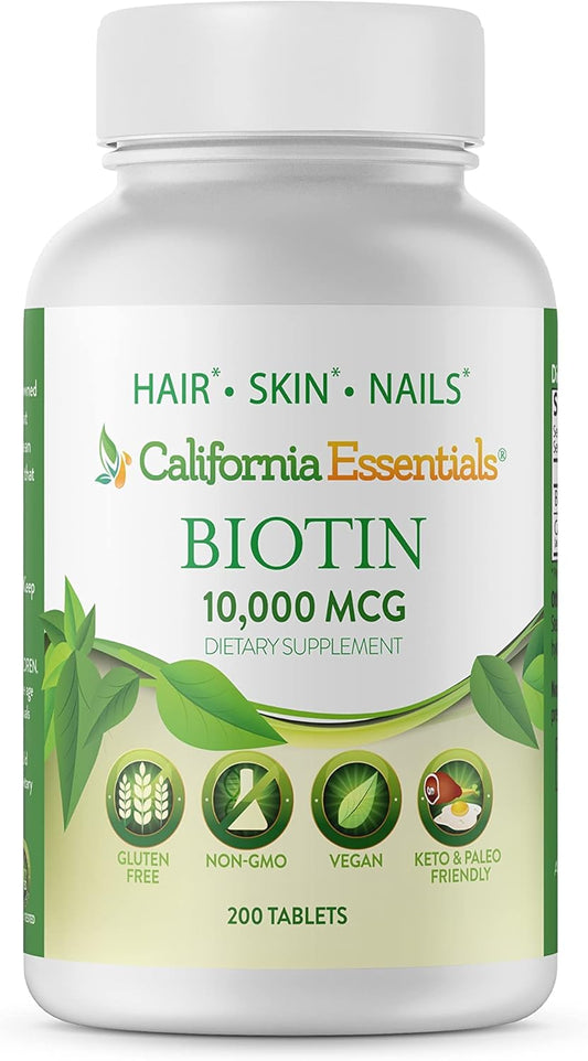 High Potency California Essentials Biotin 10000mcg for Healthy Skin, Hair & Nails - Non-GMO, Vegan (200 Tablets)