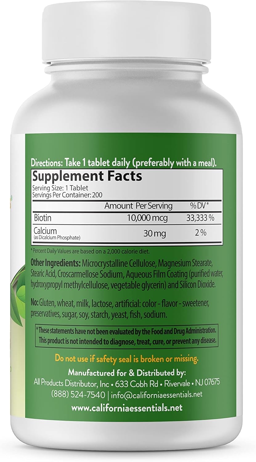High Potency California Essentials Biotin 10000mcg for Healthy Skin, Hair & Nails - Non-GMO, Vegan (200 Tablets)