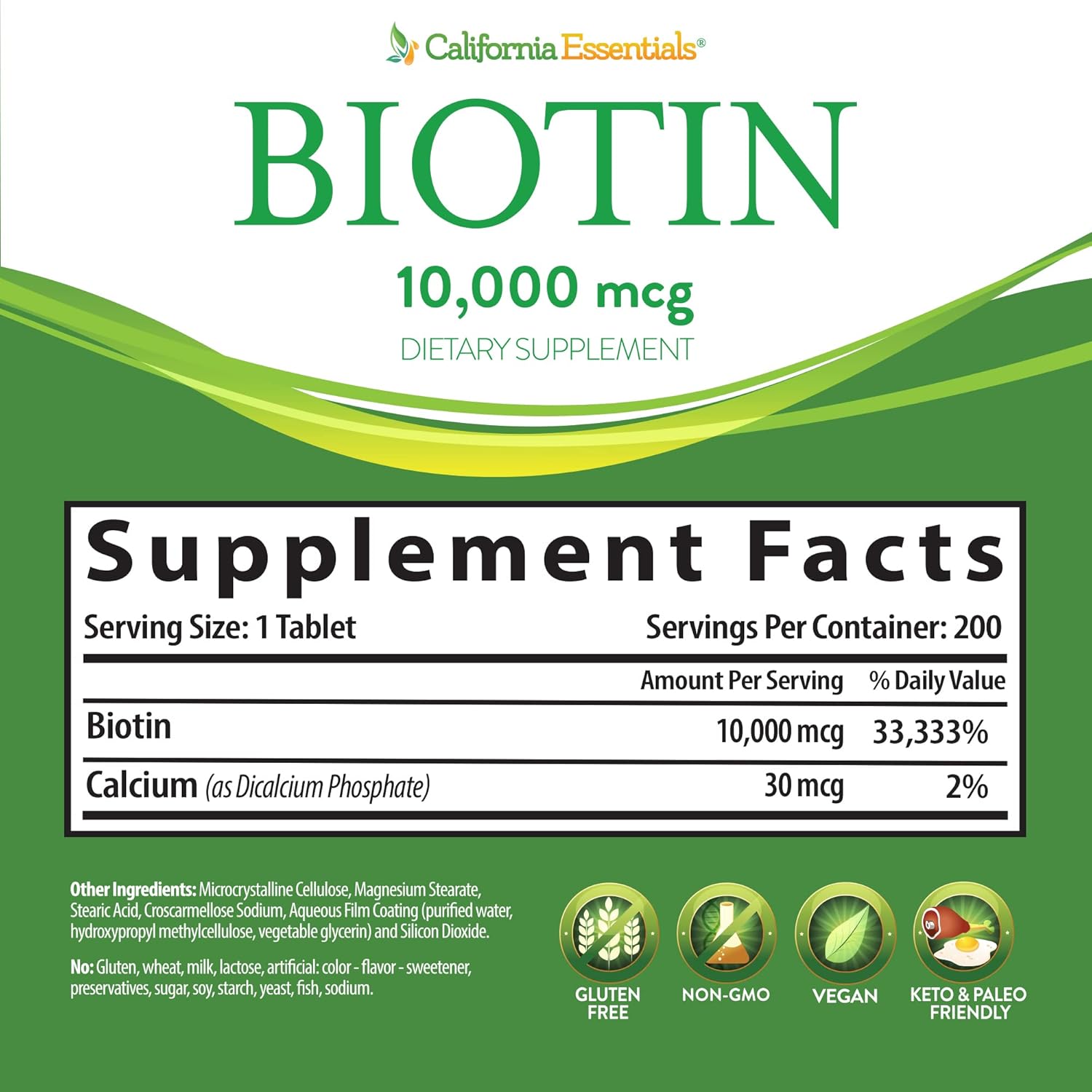 High Potency California Essentials Biotin 10000mcg for Healthy Skin, Hair & Nails - Non-GMO, Vegan (200 Tablets)