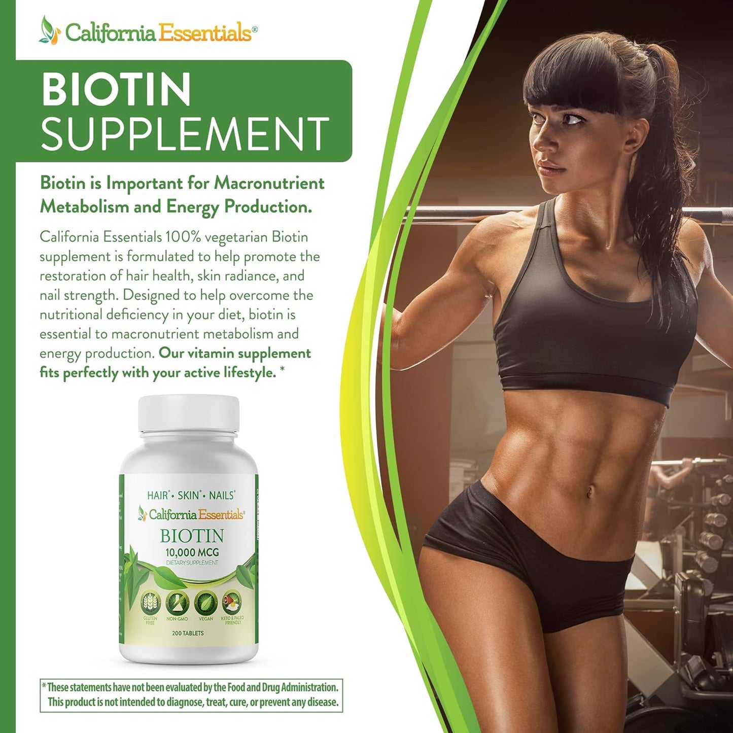 High Potency California Essentials Biotin 10000mcg for Healthy Skin, Hair & Nails - Non-GMO, Vegan (200 Tablets)