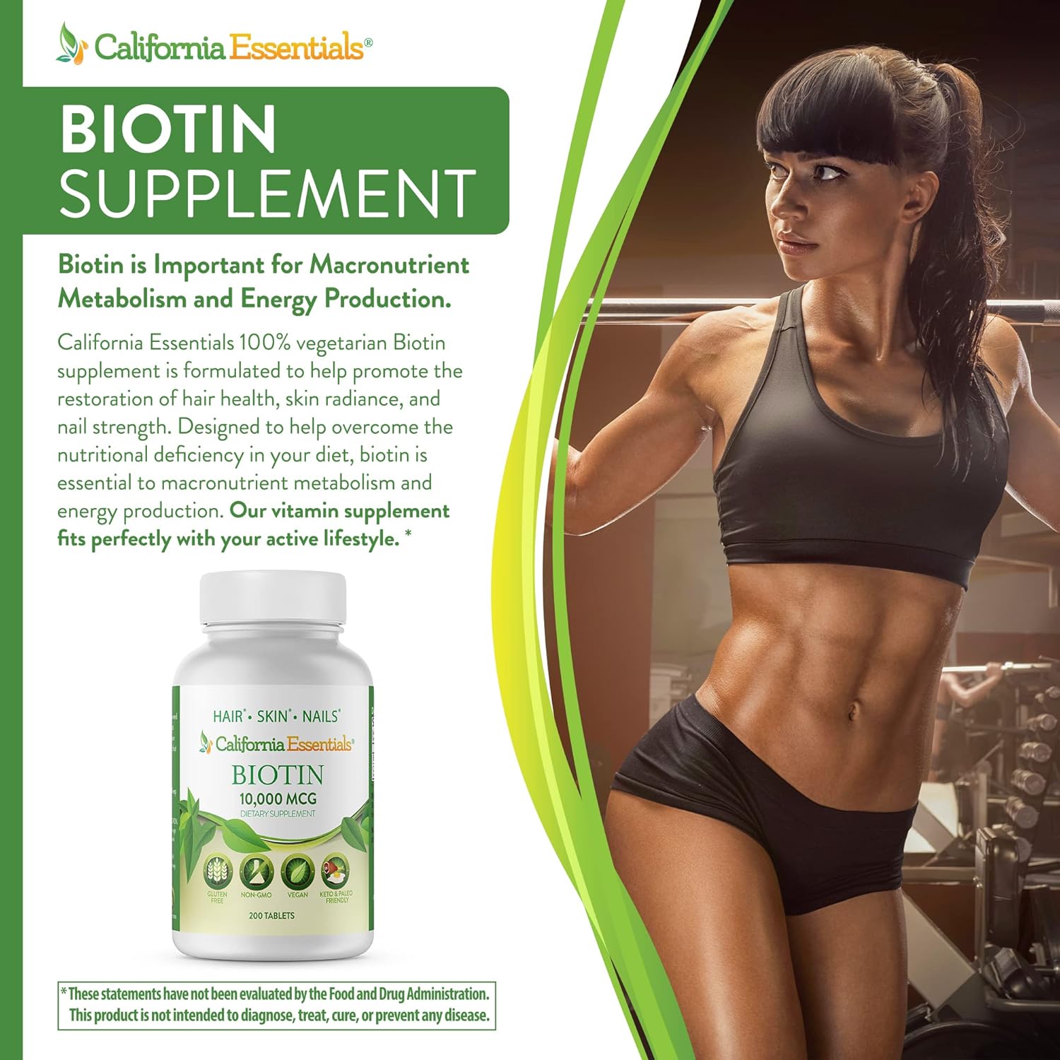 High Potency California Essentials Biotin 10000mcg for Healthy Skin, Hair & Nails - Non-GMO, Vegan (200 Tablets)