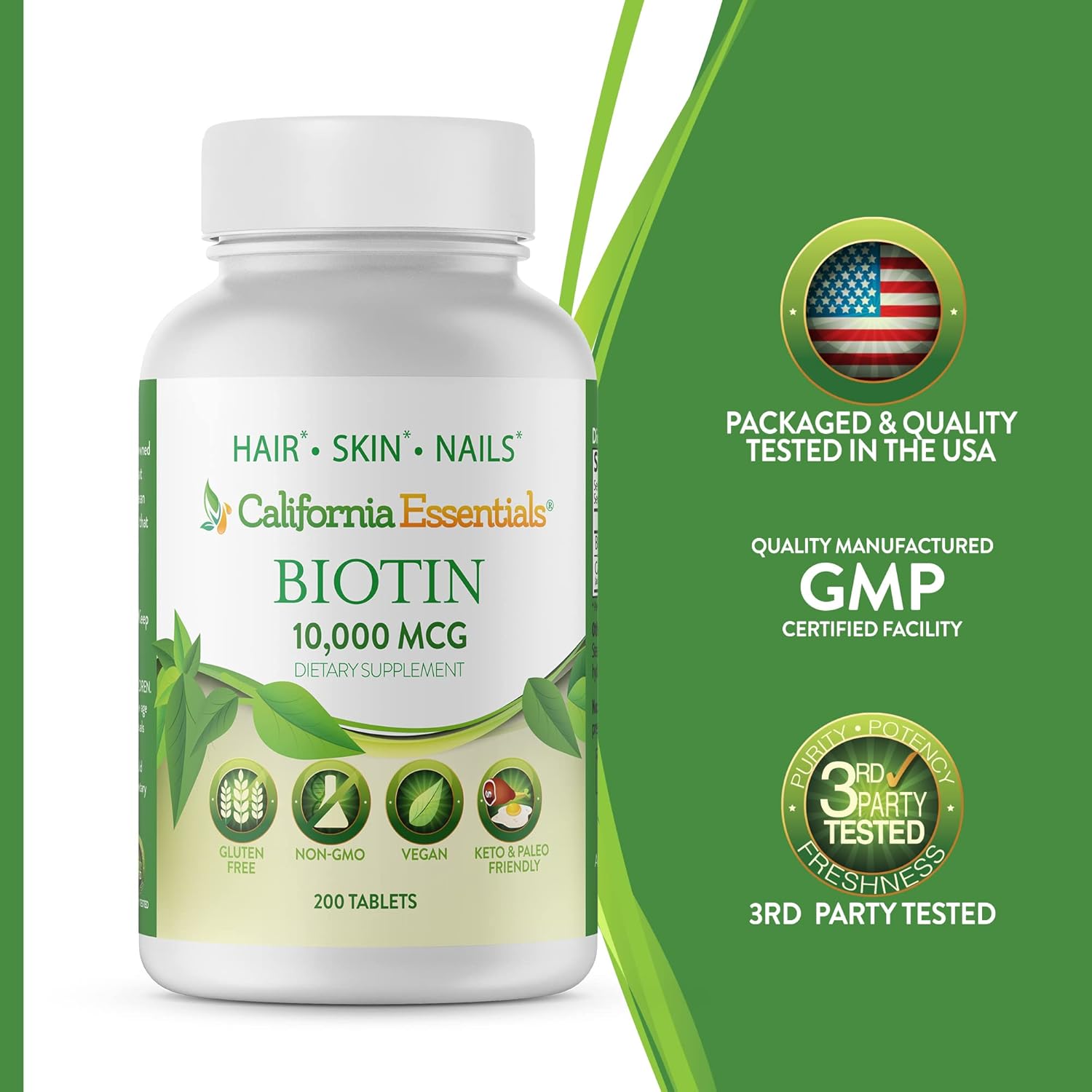 High Potency California Essentials Biotin 10000mcg for Healthy Skin, Hair & Nails - Non-GMO, Vegan (200 Tablets)