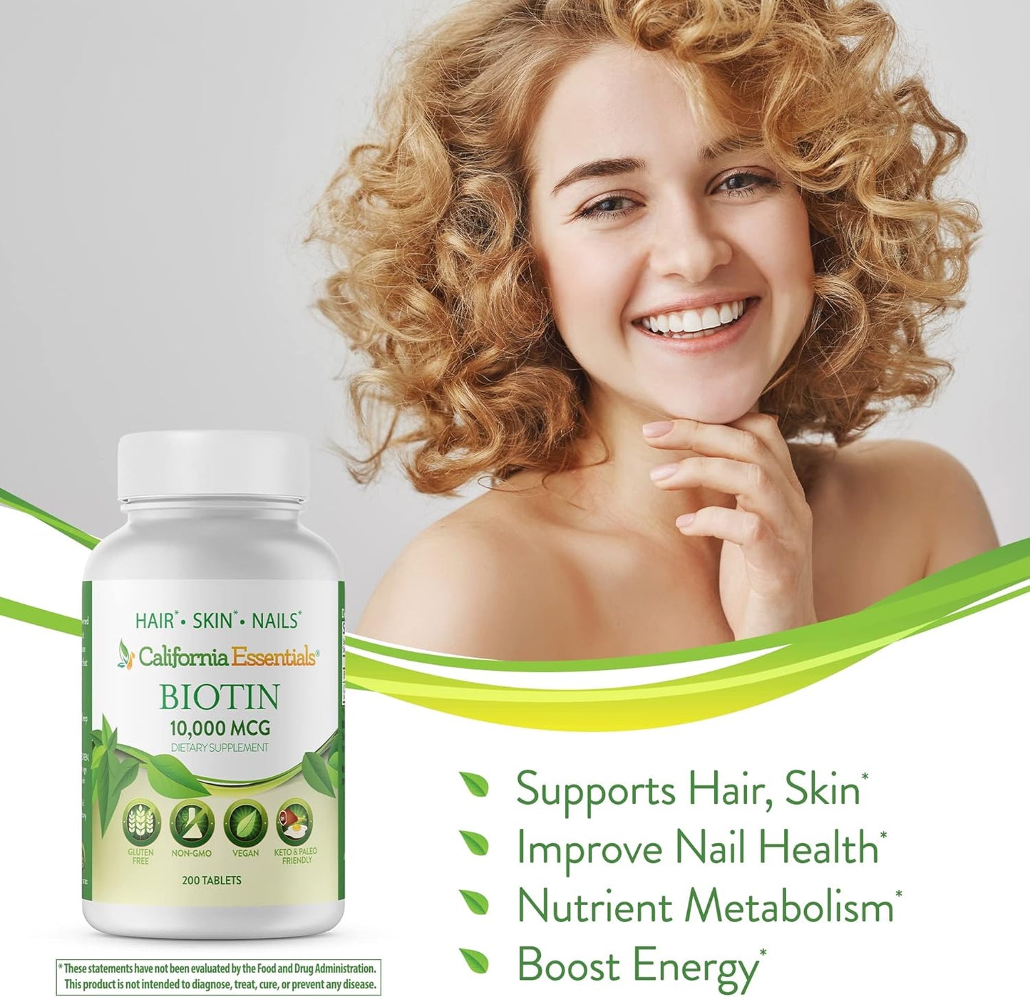 High Potency California Essentials Biotin 10000mcg for Healthy Skin, Hair & Nails - Non-GMO, Vegan (200 Tablets)