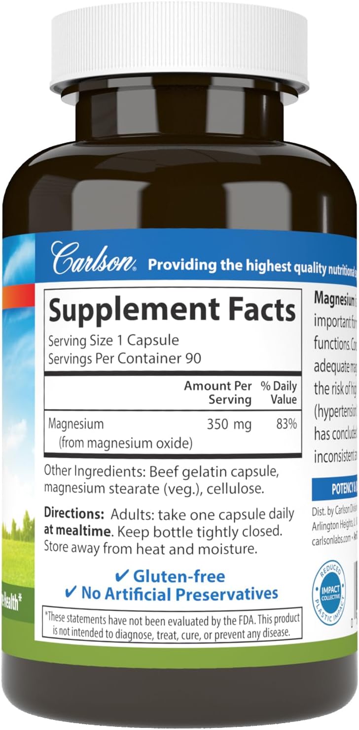 High Potency Carlson Magnesium Capsules for Muscle Function & Nerve Health - 90 Count