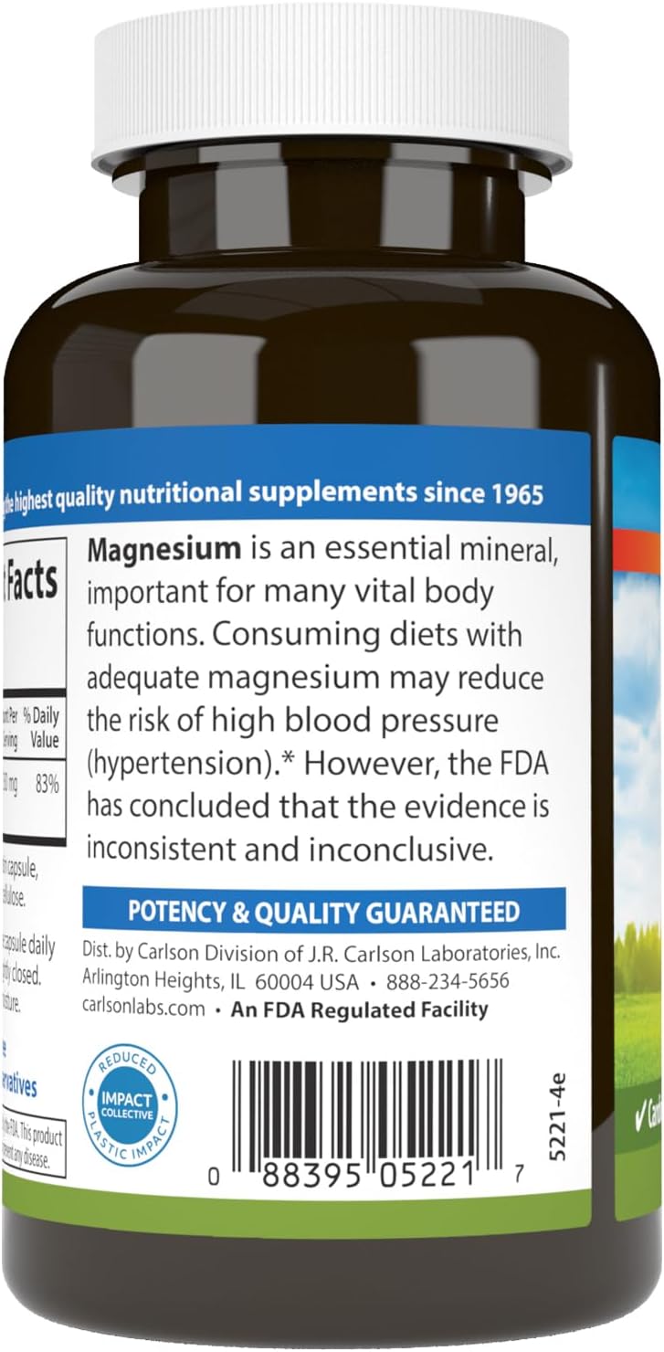 High Potency Carlson Magnesium Capsules for Muscle Function & Nerve Health - 90 Count