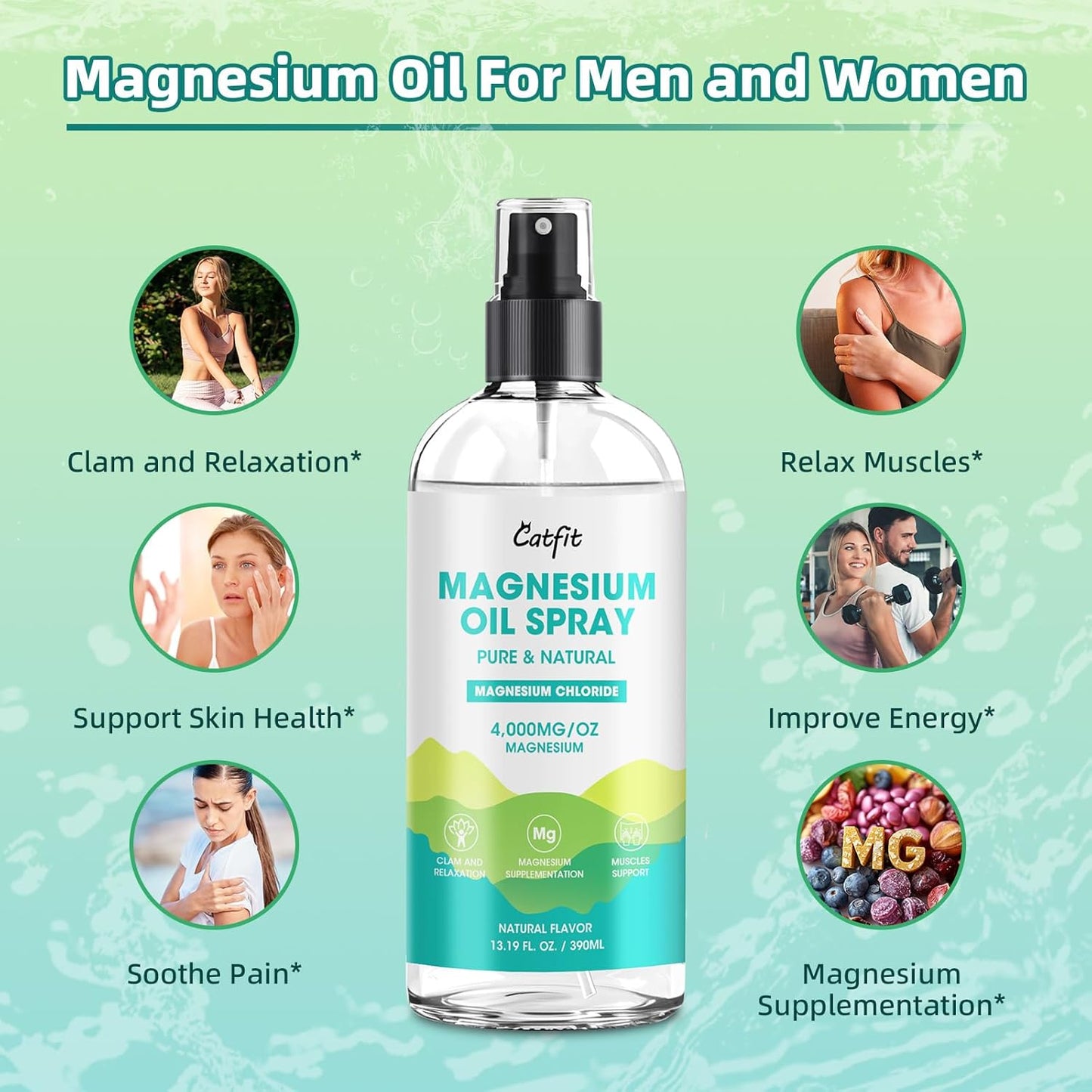High Potency Catfit Magnesium Oil Spray for Feet and Sleep - Natural Magnesium Chloride with Trace Minerals - Soothes Muscles and Supports Mood - 390ml