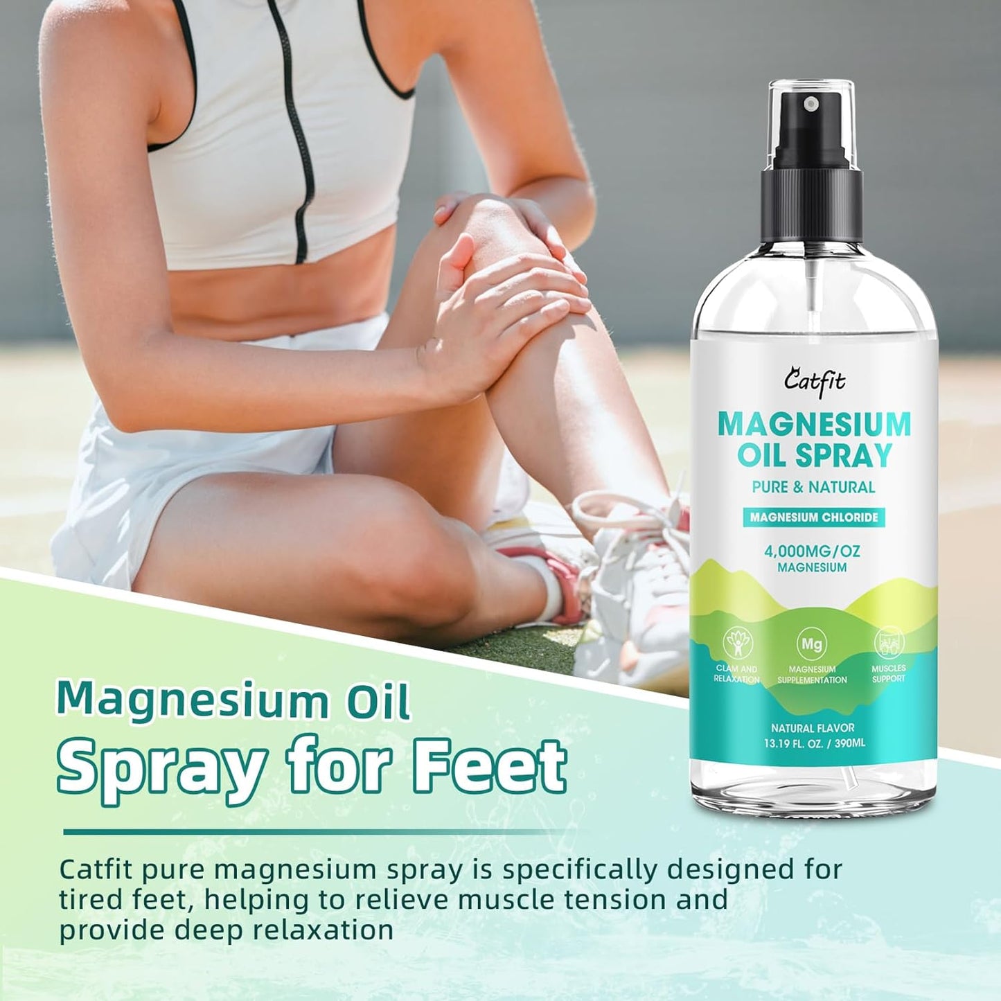 High Potency Catfit Magnesium Oil Spray for Feet and Sleep - Natural Magnesium Chloride with Trace Minerals - Soothes Muscles and Supports Mood - 390ml