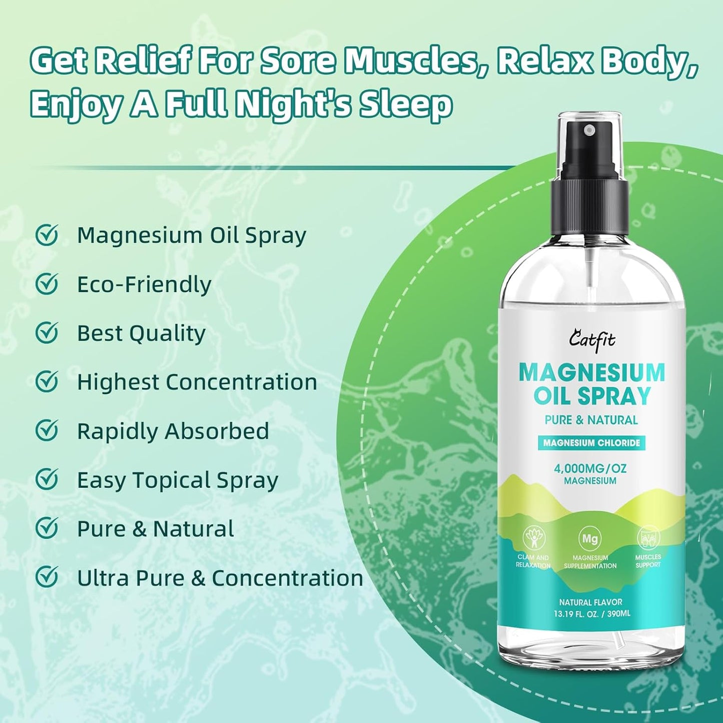 High Potency Catfit Magnesium Oil Spray for Feet and Sleep - Natural Magnesium Chloride with Trace Minerals - Soothes Muscles and Supports Mood - 390ml