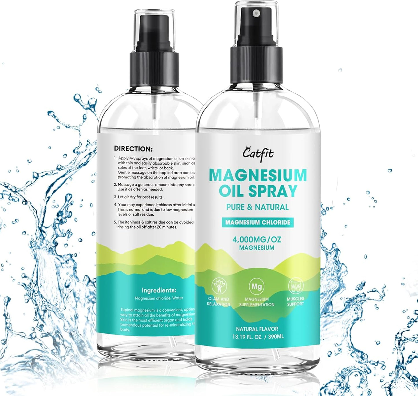 High Potency Catfit Magnesium Oil Spray for Feet and Sleep - Natural Magnesium Chloride with Trace Minerals - Soothes Muscles and Supports Mood - 390ml