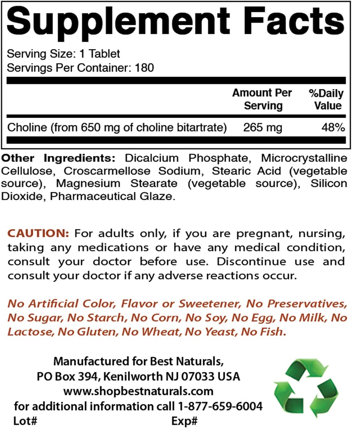 High Potency Choline Bitartrate 650mg with Vitamin B1 Thiamine Mononitrate 100mg for Cognitive Support
