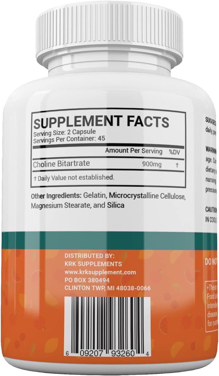 High Potency Choline Bitartrate 900mg, 90 Capsules, KRK SUPPLEMENTS