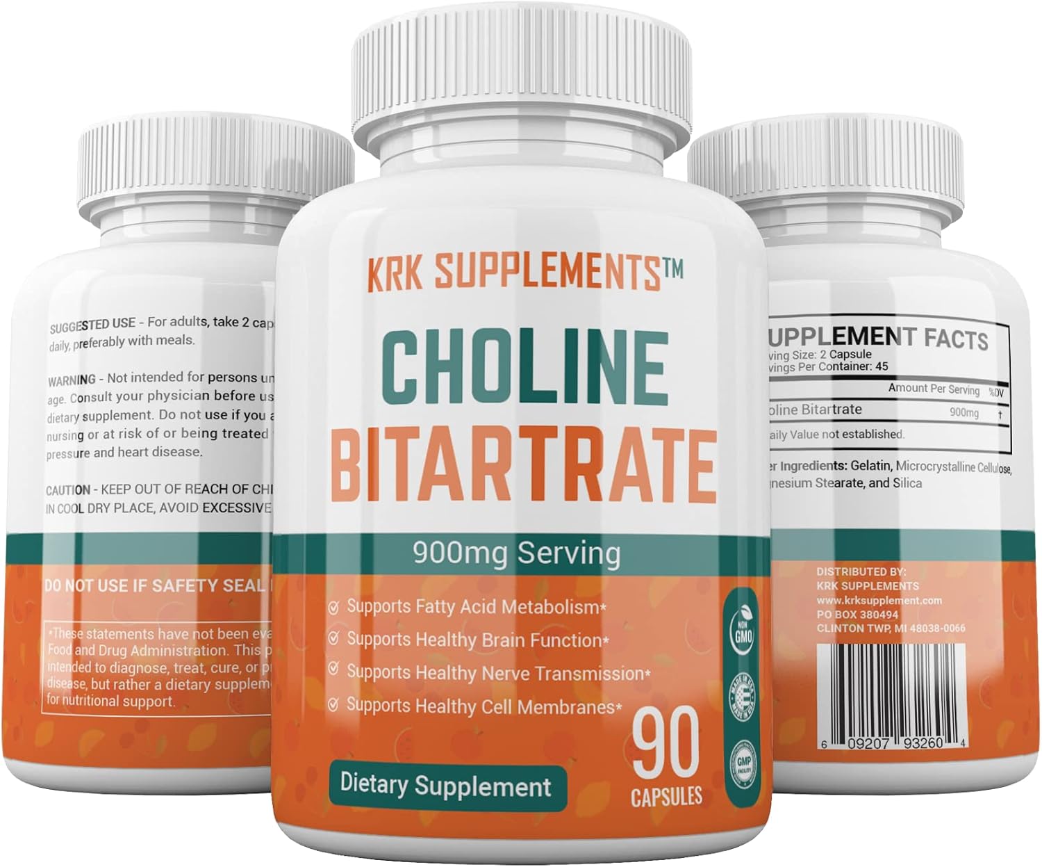 High Potency Choline Bitartrate 900mg, 90 Capsules, KRK SUPPLEMENTS