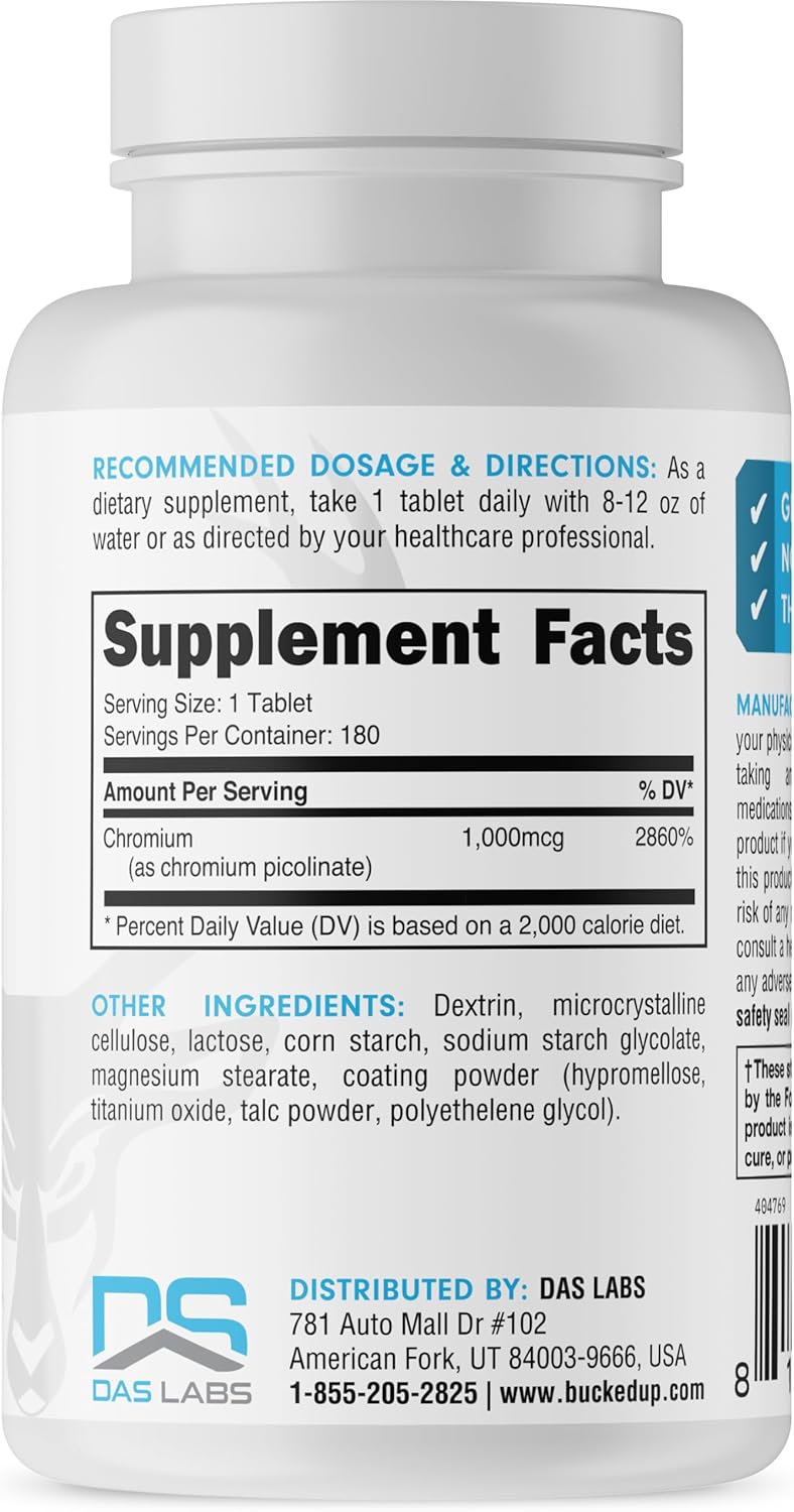 High Potency Chromium Picolinate 1000mcg Tablets - Bucked Up Essentials (180 Servings)