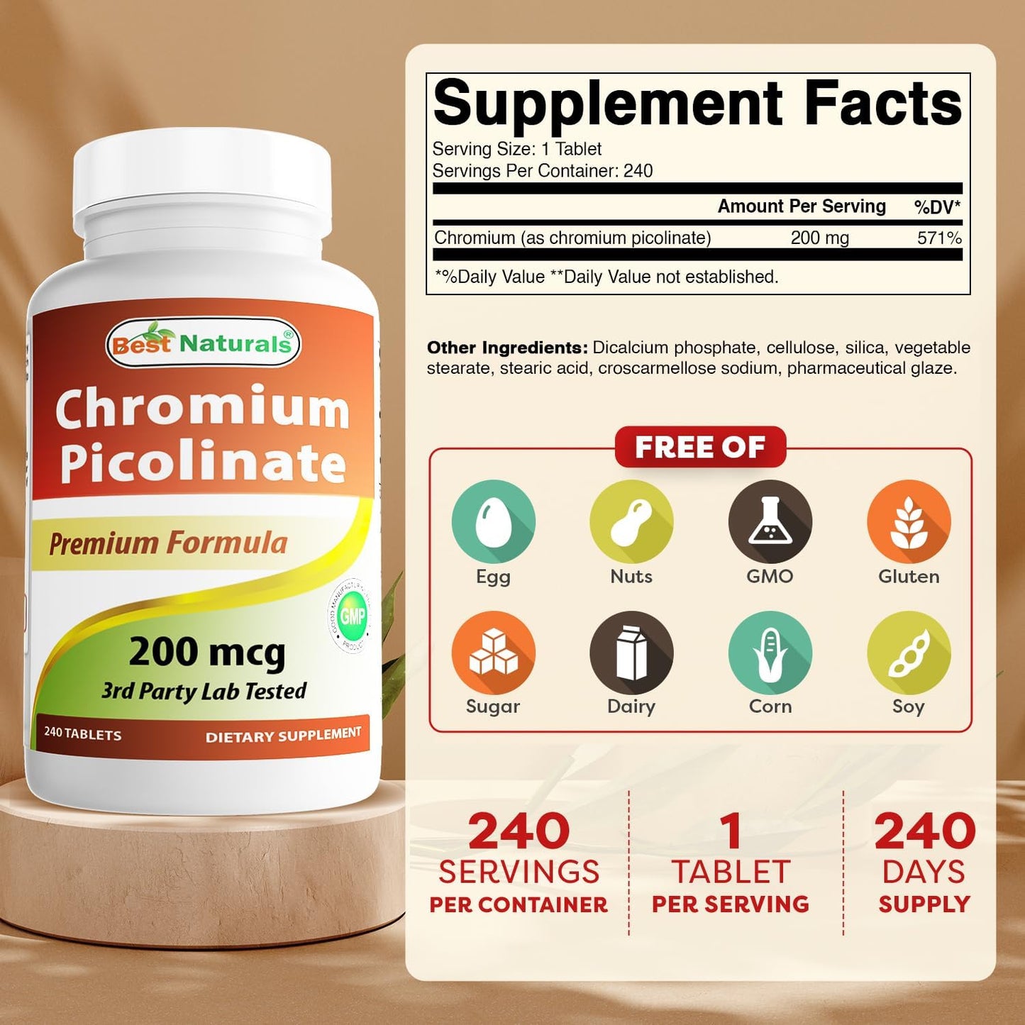 High Potency Chromium Picolinate Tablets - 200 mcg, 240 Tablets - Top Quality Formula for Blood Sugar Support