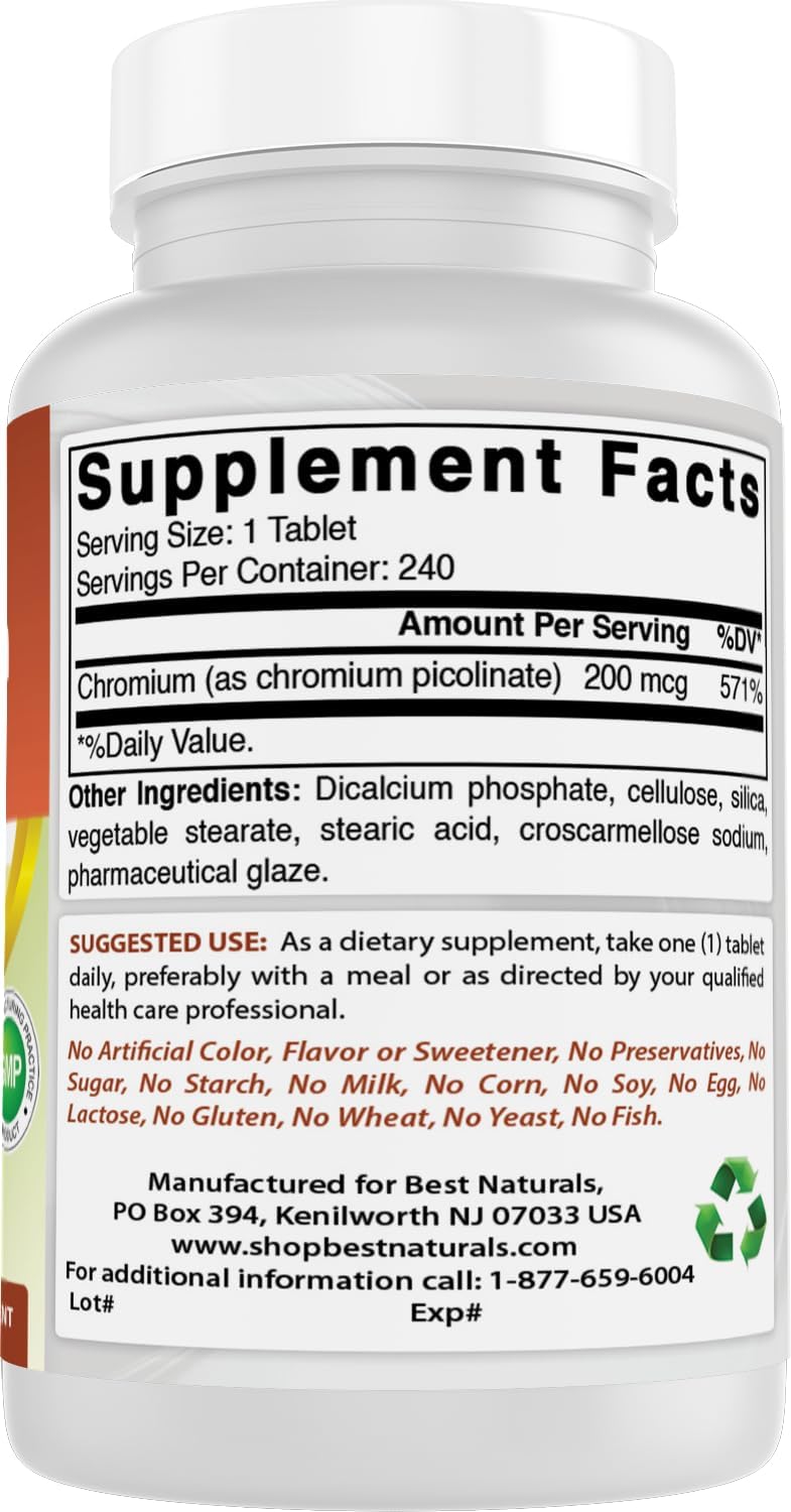 High Potency Chromium Picolinate Tablets - 200 mcg, 240 Tablets - Top Quality Formula for Blood Sugar Support