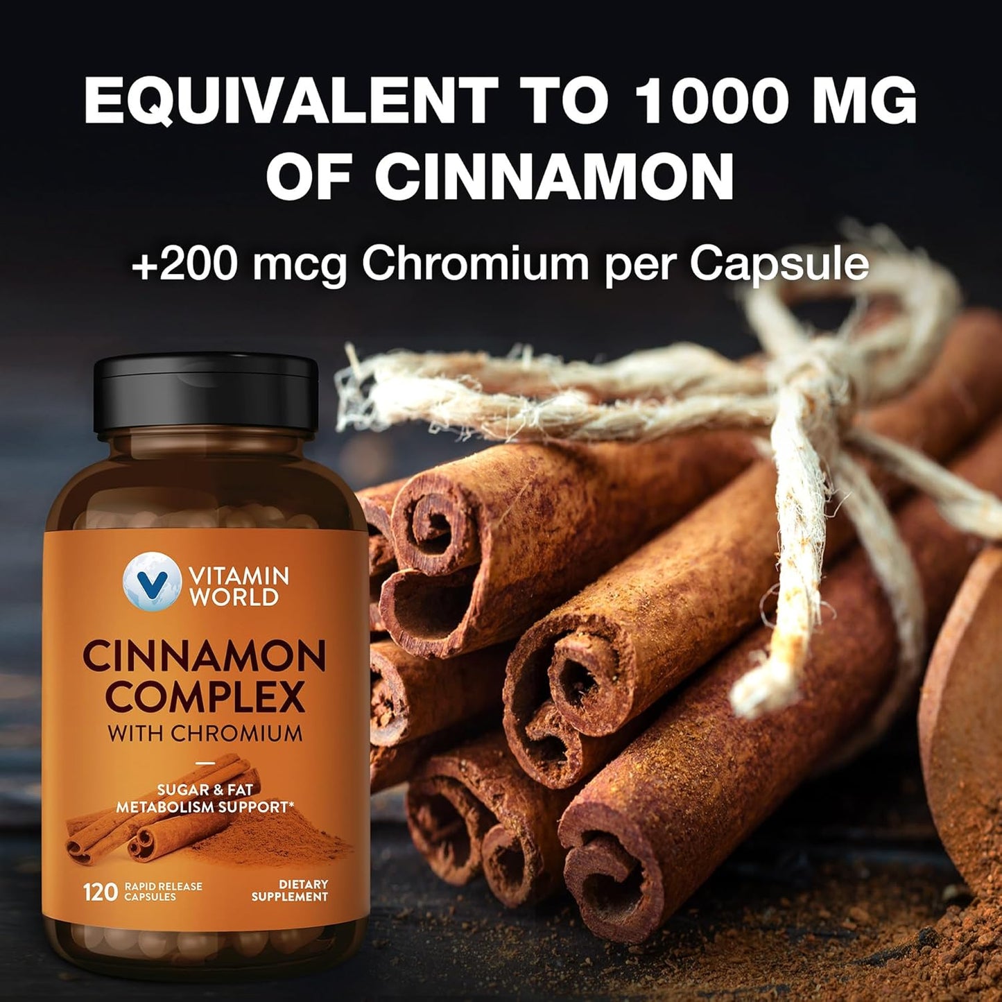 High-Potency Cinnamon Complex with Chromium Supplements, 1000 mg - 2 Month Supply - Antioxidant Protection & Healthy Metabolism - Gluten Free