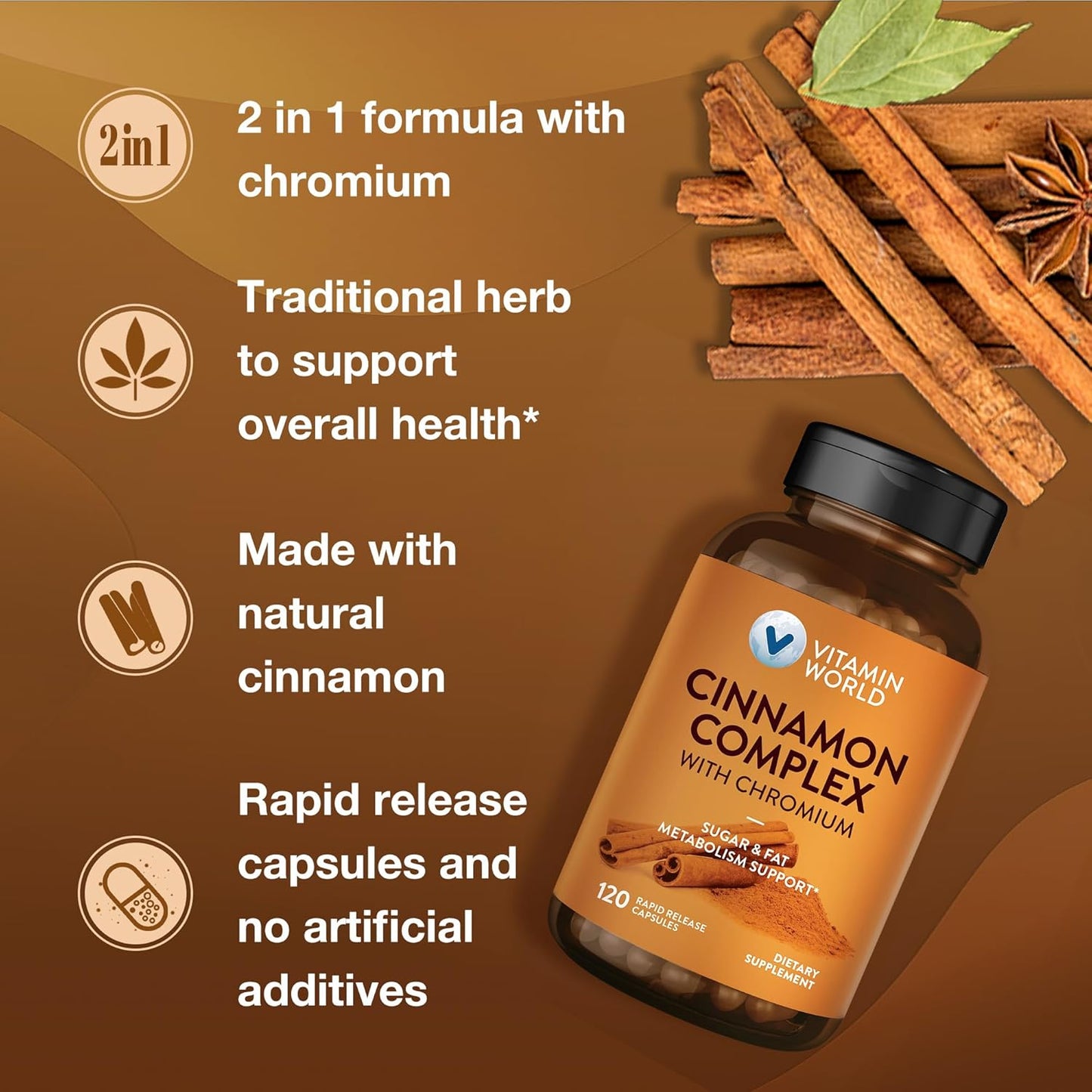 High-Potency Cinnamon Complex with Chromium Supplements, 1000 mg - 2 Month Supply - Antioxidant Protection & Healthy Metabolism - Gluten Free
