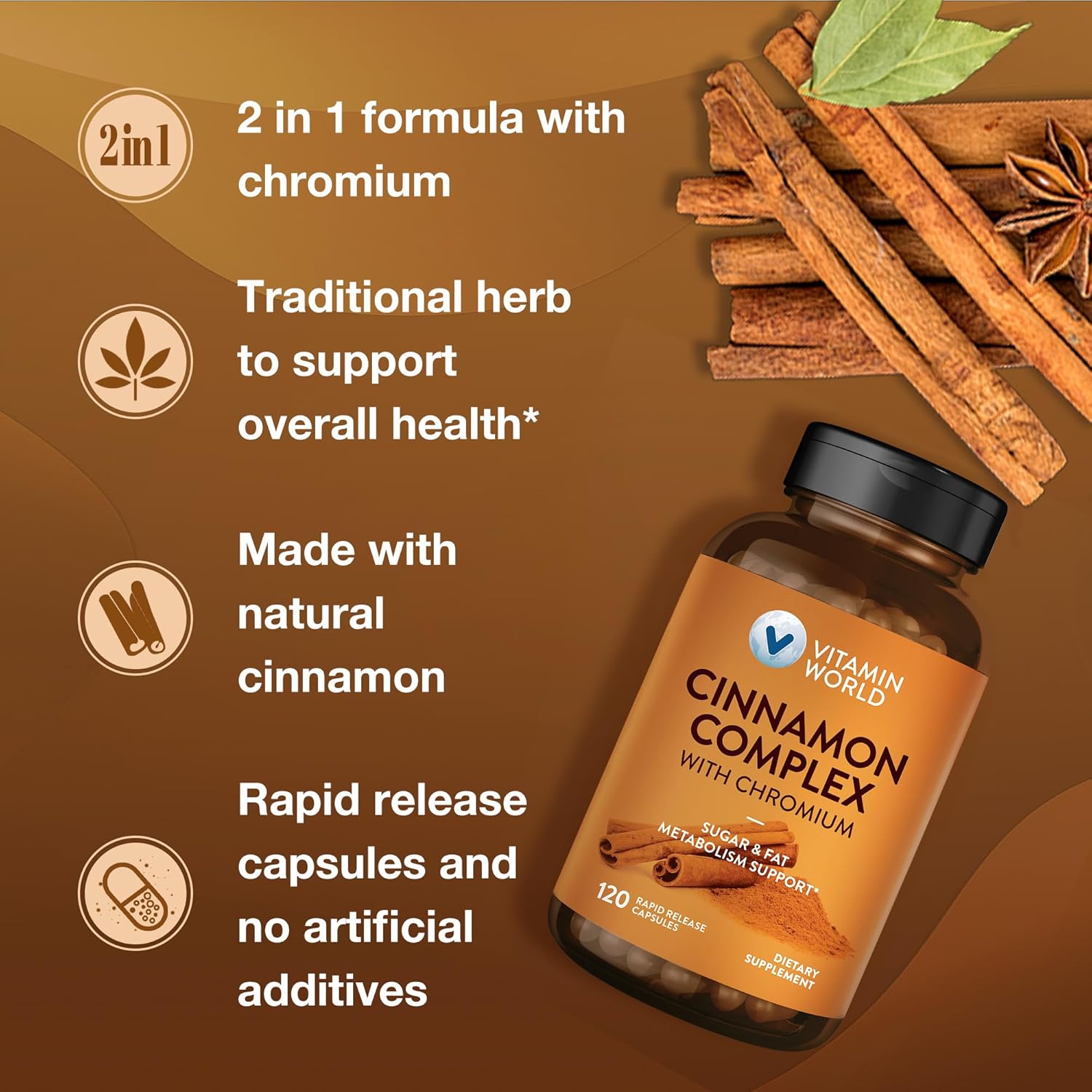 High-Potency Cinnamon Complex with Chromium Supplements, 1000 mg - 2 Month Supply - Antioxidant Protection & Healthy Metabolism - Gluten Free