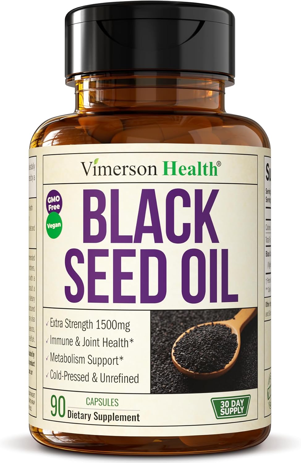 High Potency Cold Pressed Black Seed Oil Capsules - 1500mg for Immune Support, Antioxidants, Hair Skin Nails - Vegan & Non-GMO - 90 Capsules