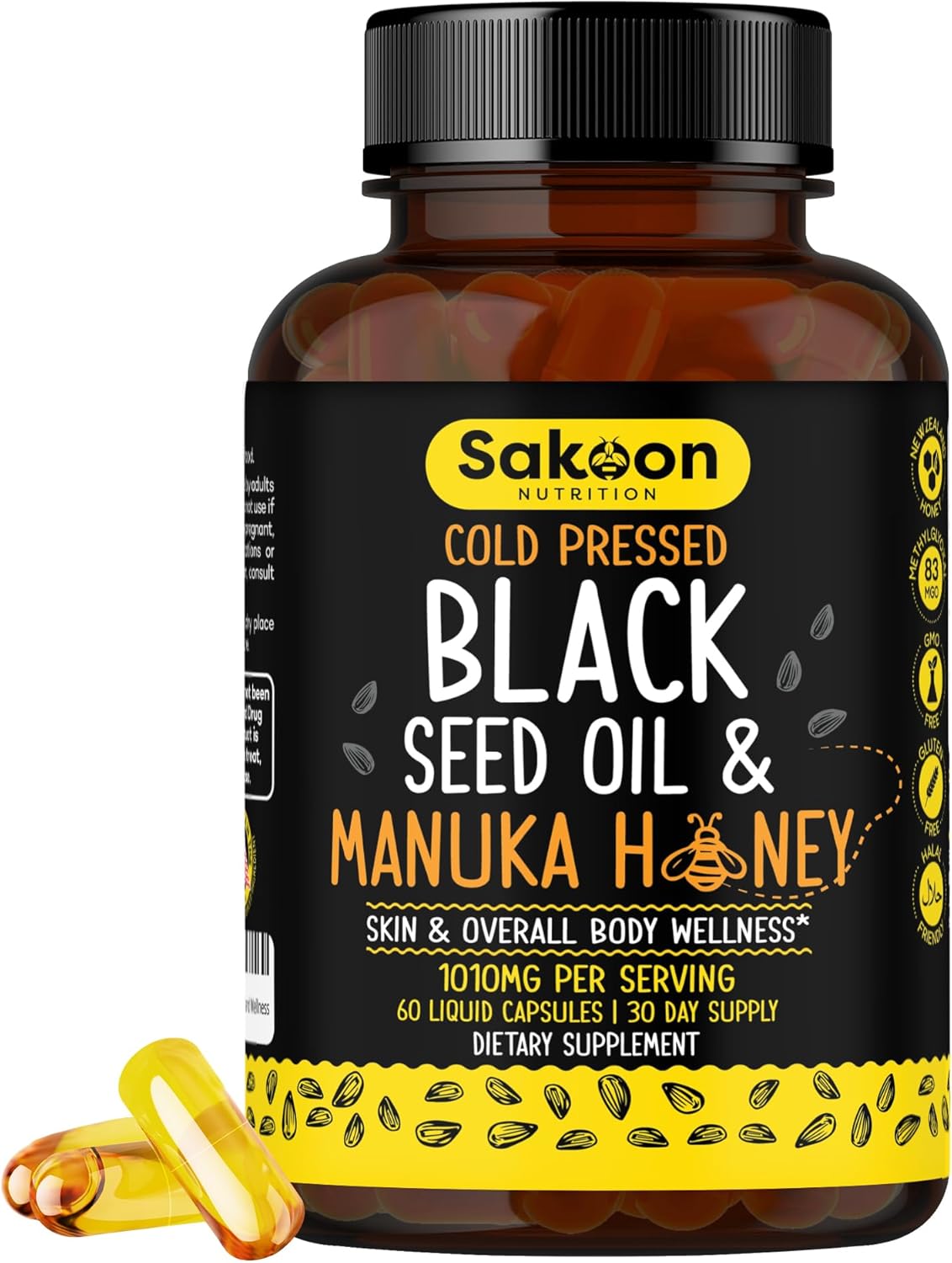 High Potency Cold Pressed Black Seed Oil Capsules with Manuka Honey - 60 Vegan Capsules - Made in USA - 2%+ Thymoquinone